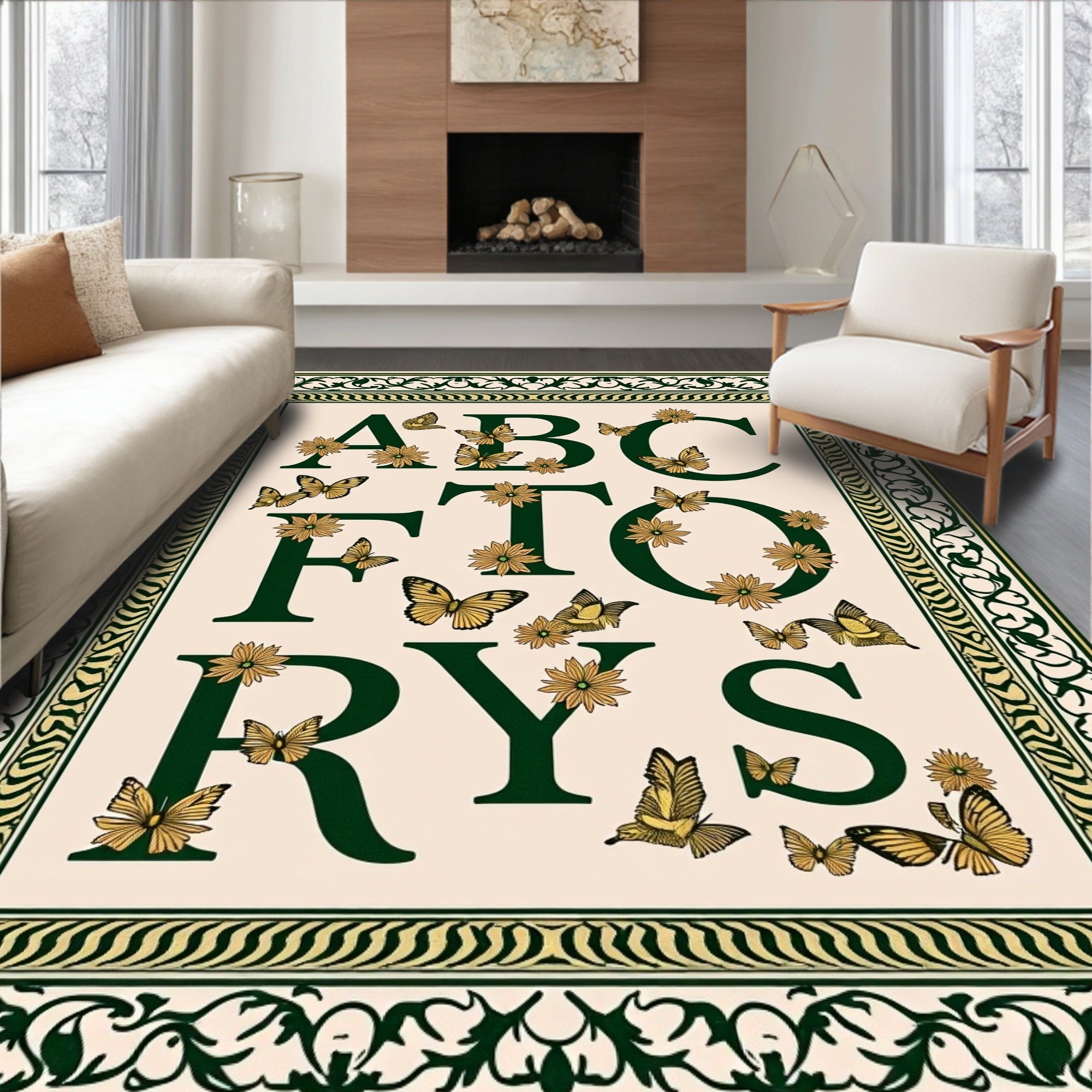 Alphabet Garden Butterfly Yellow Floral Rug