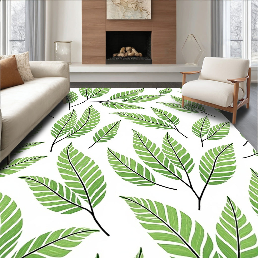 Vibrant Green Leaf Branch Arrangement Rug