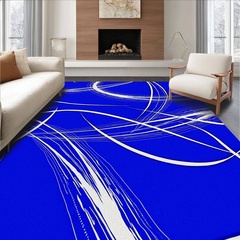 Vibrant Blue White Brushstroke Swirls Rug
