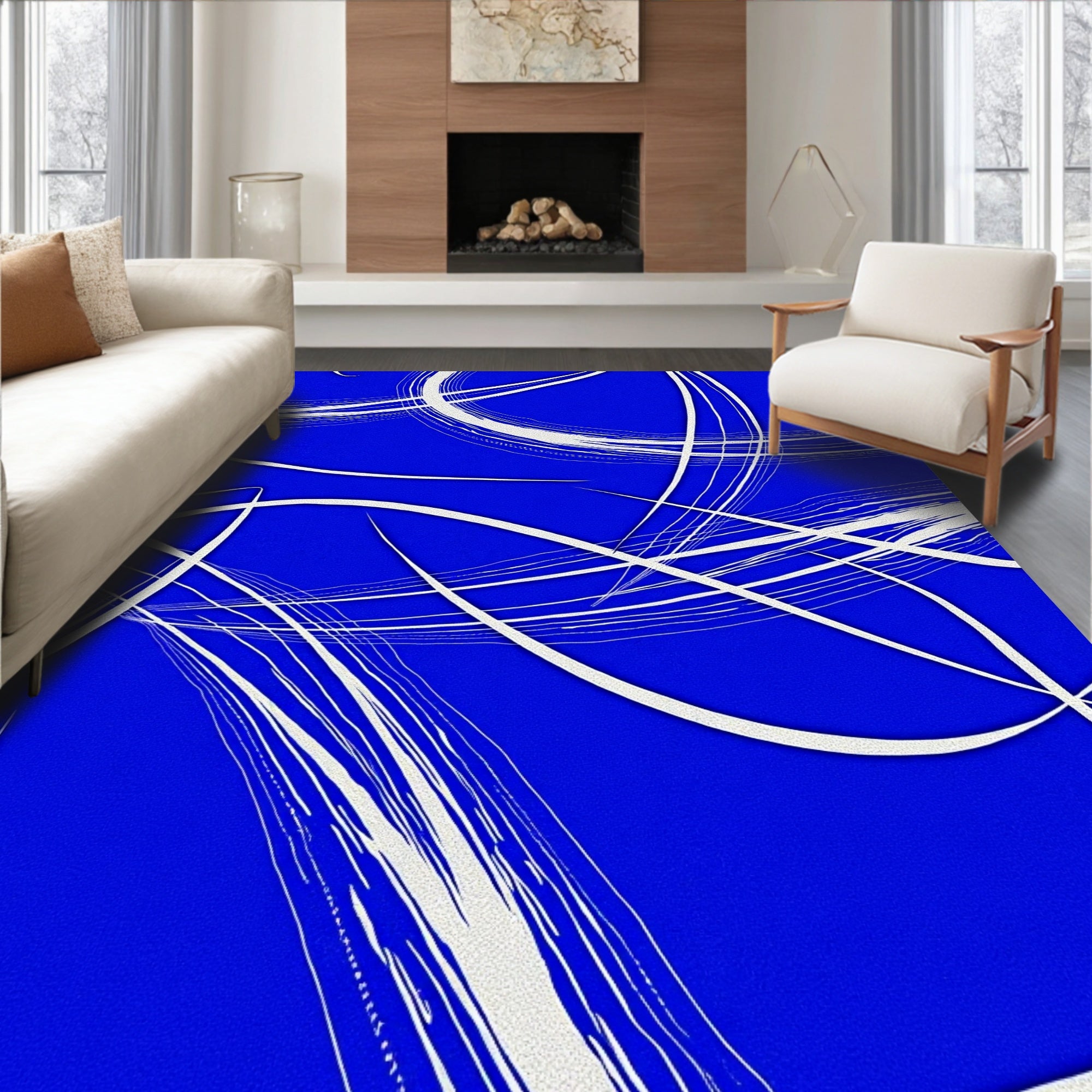 Vibrant Blue White Brushstroke Swirls Rug