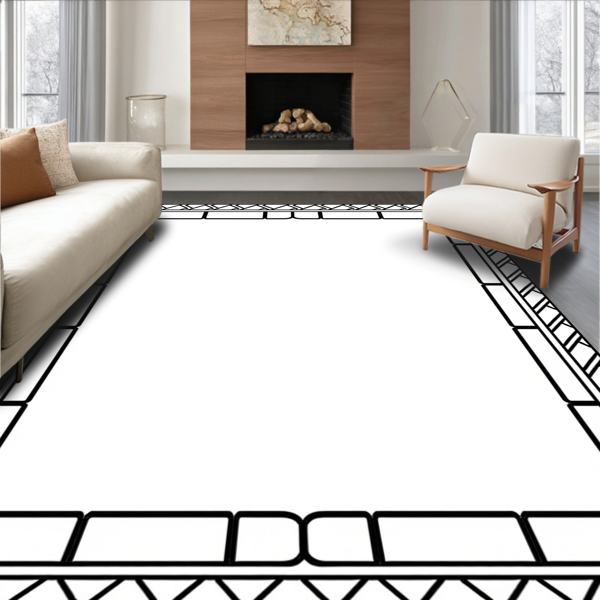 Striking Geometric Border Black White Rug