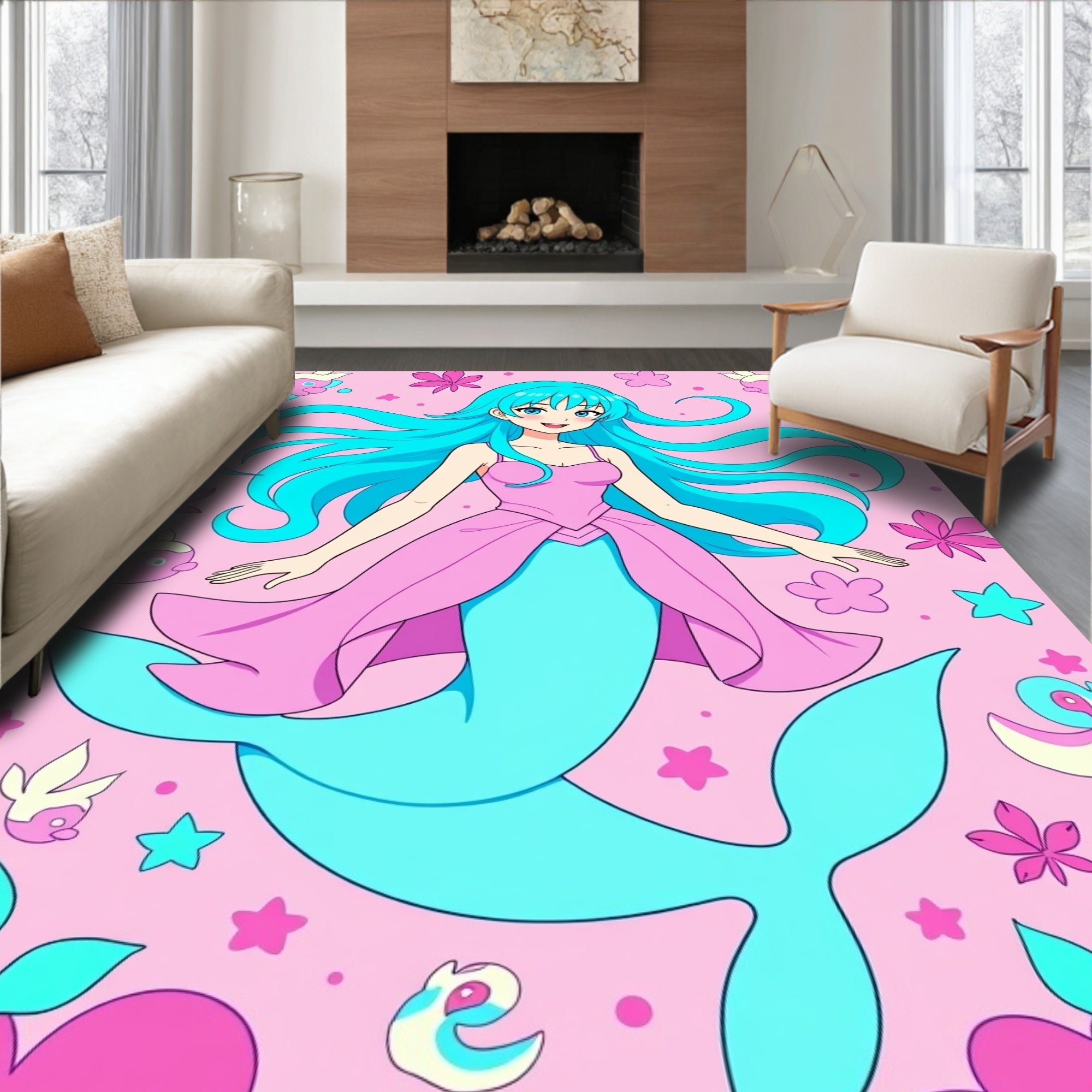Ocean Princess Whimsical Floral Fantasy Rug