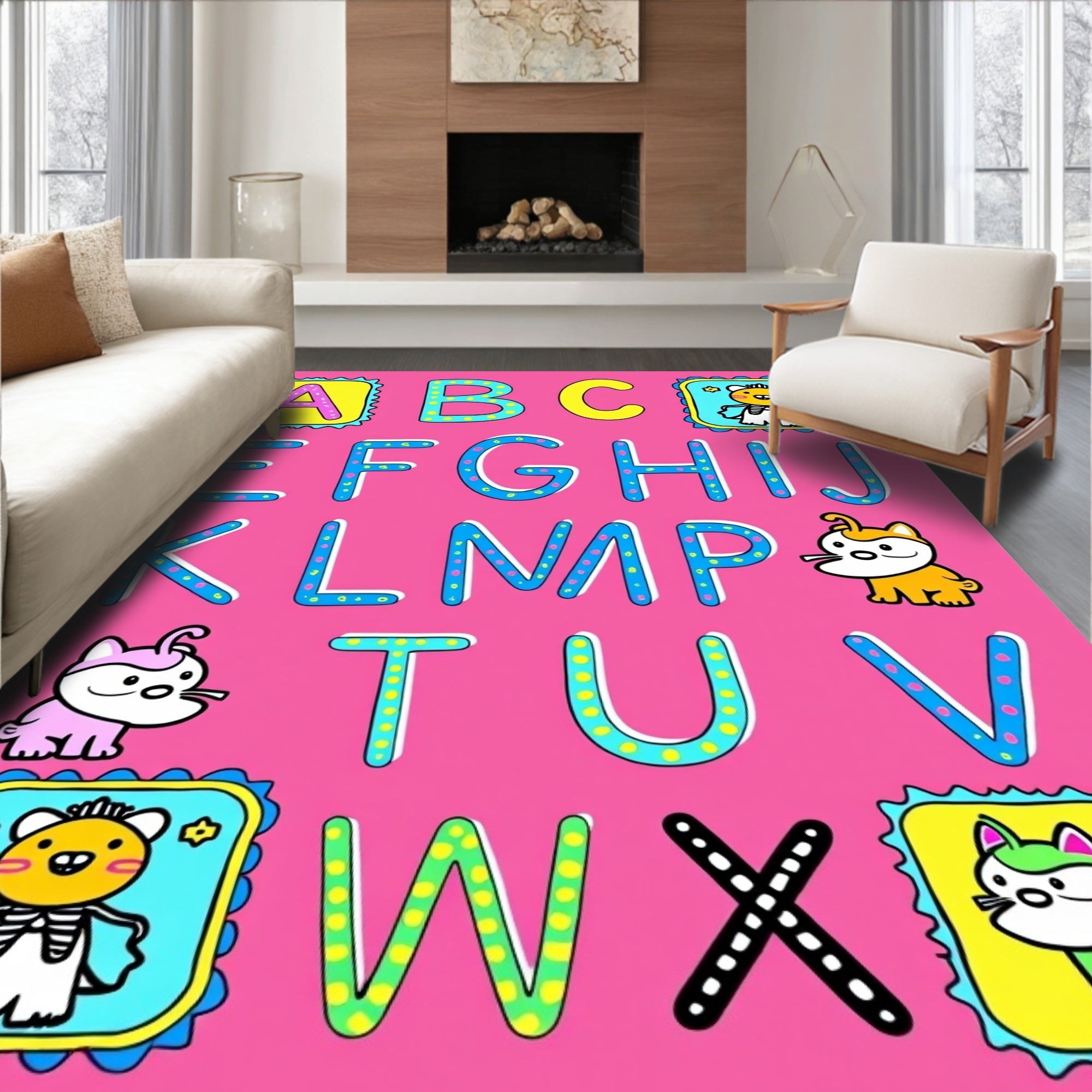 Playful Alphabet Characters Cute Animals Rug