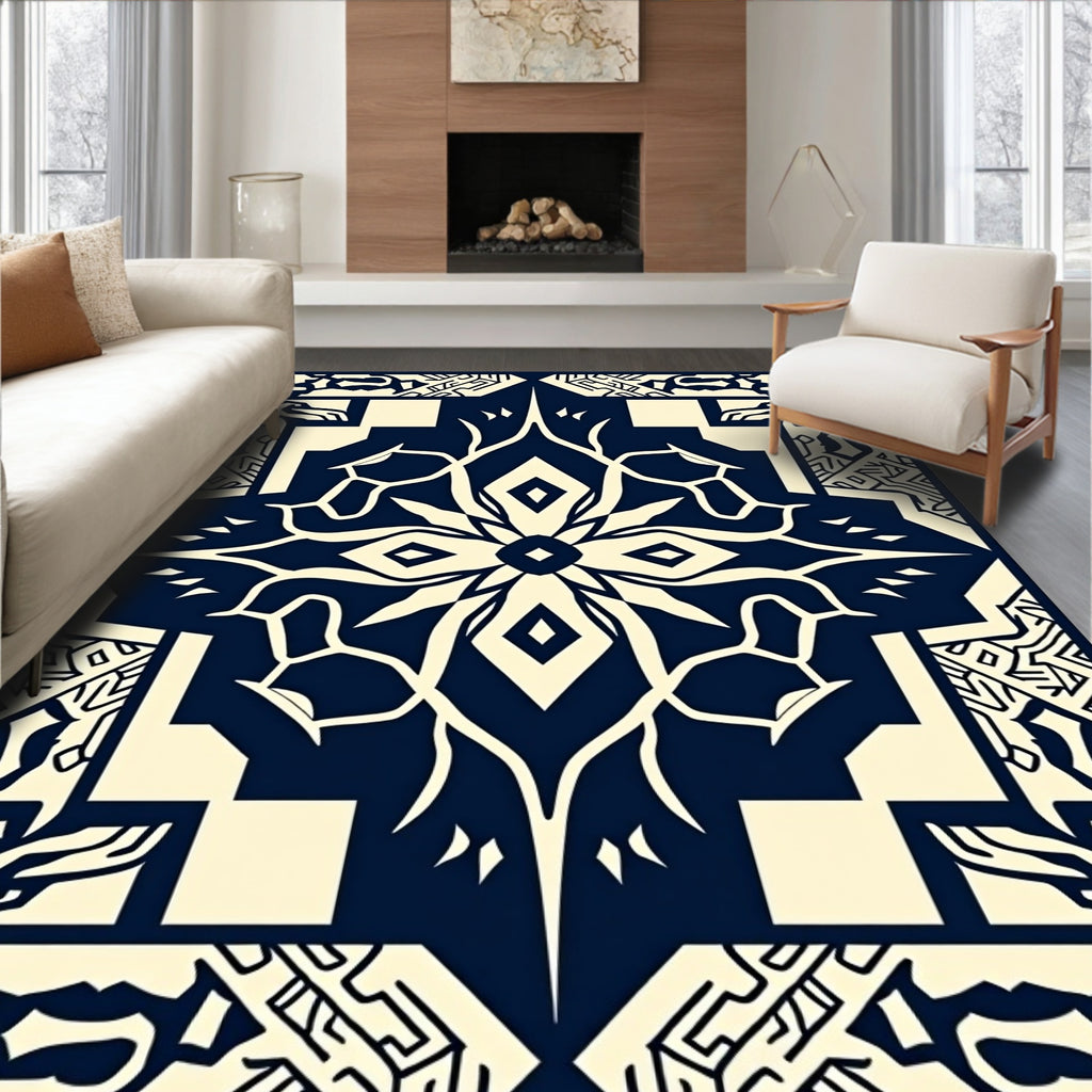 Navy Cream Abstract Geometric Flora Rug