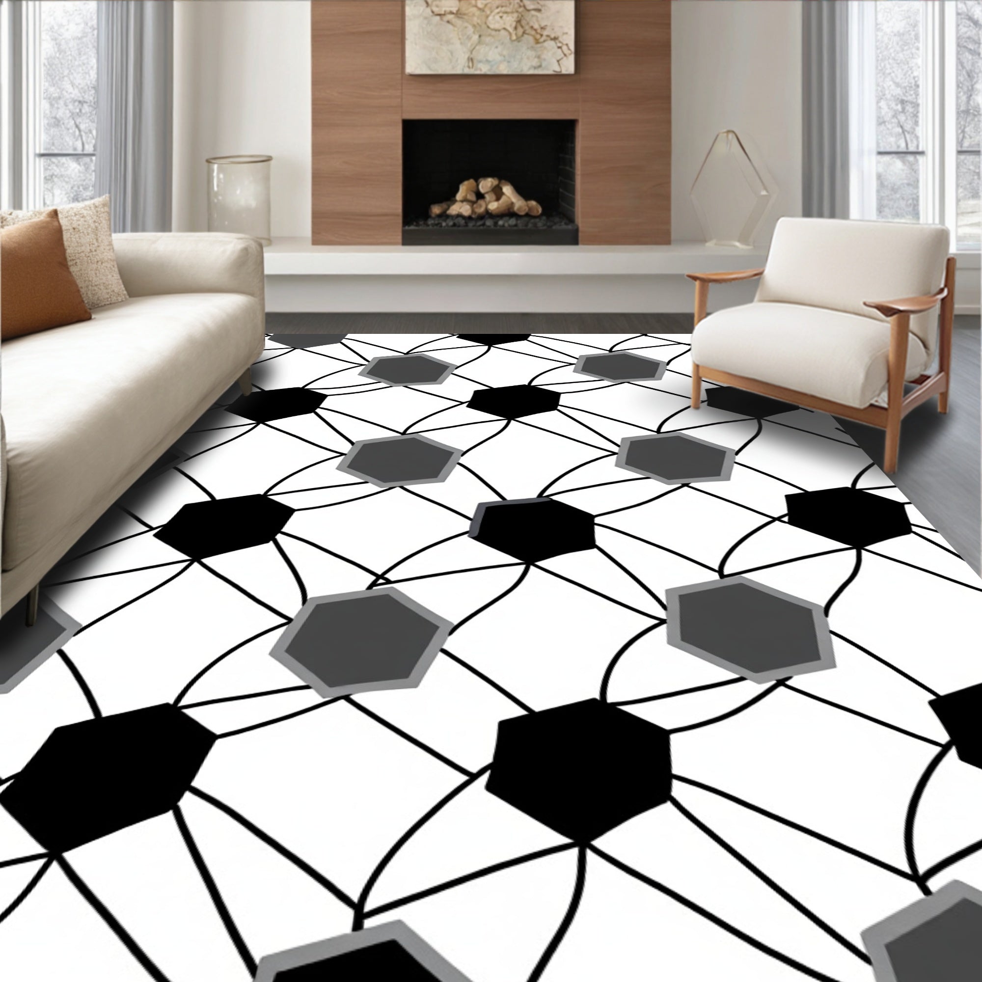 Monochromatic Hexagon Interlocking Net Rug