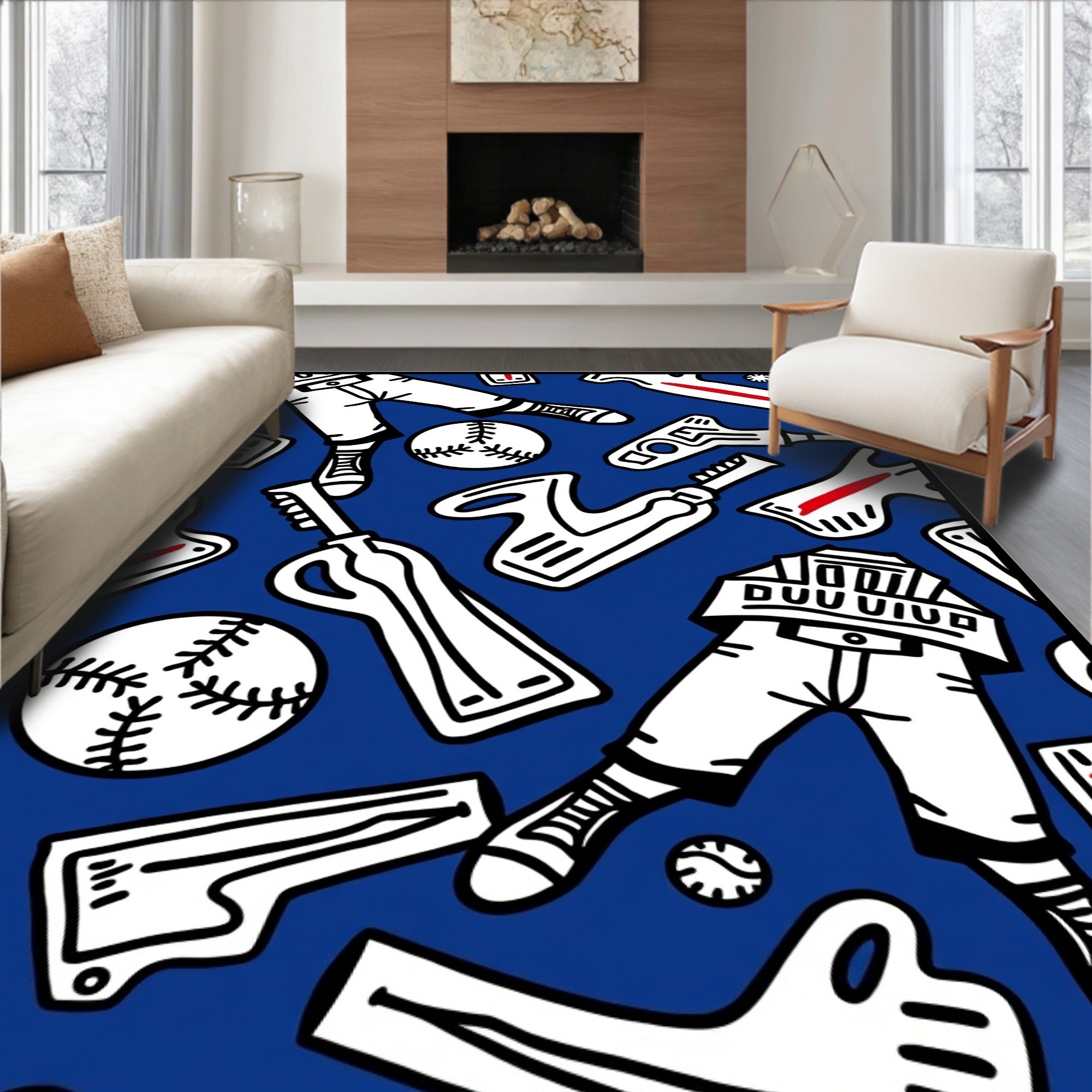 Bold Blue Baseball Bat Glove Rug