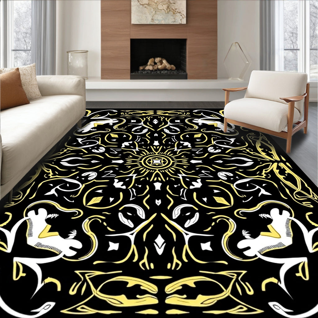 Bold Black Yellow Solar Mandala Rug