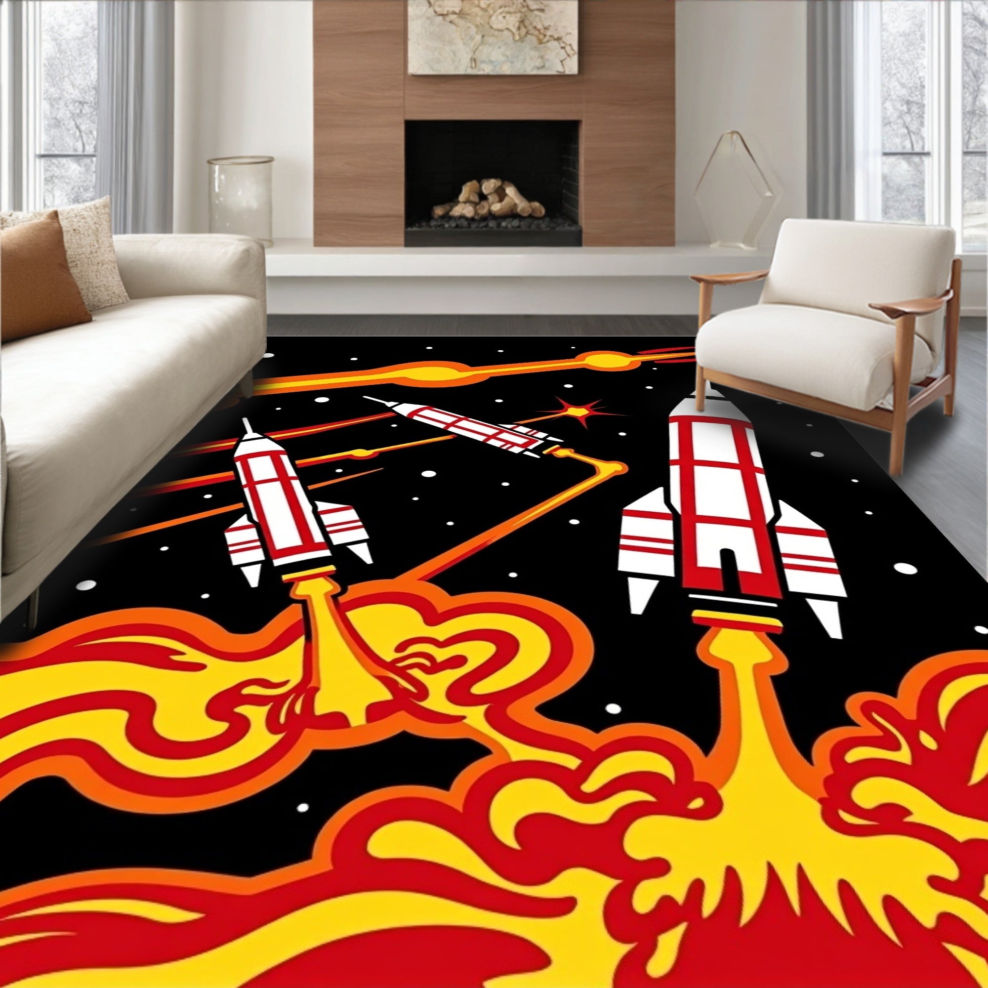 Retro Rockets Streaking Through Space Rug