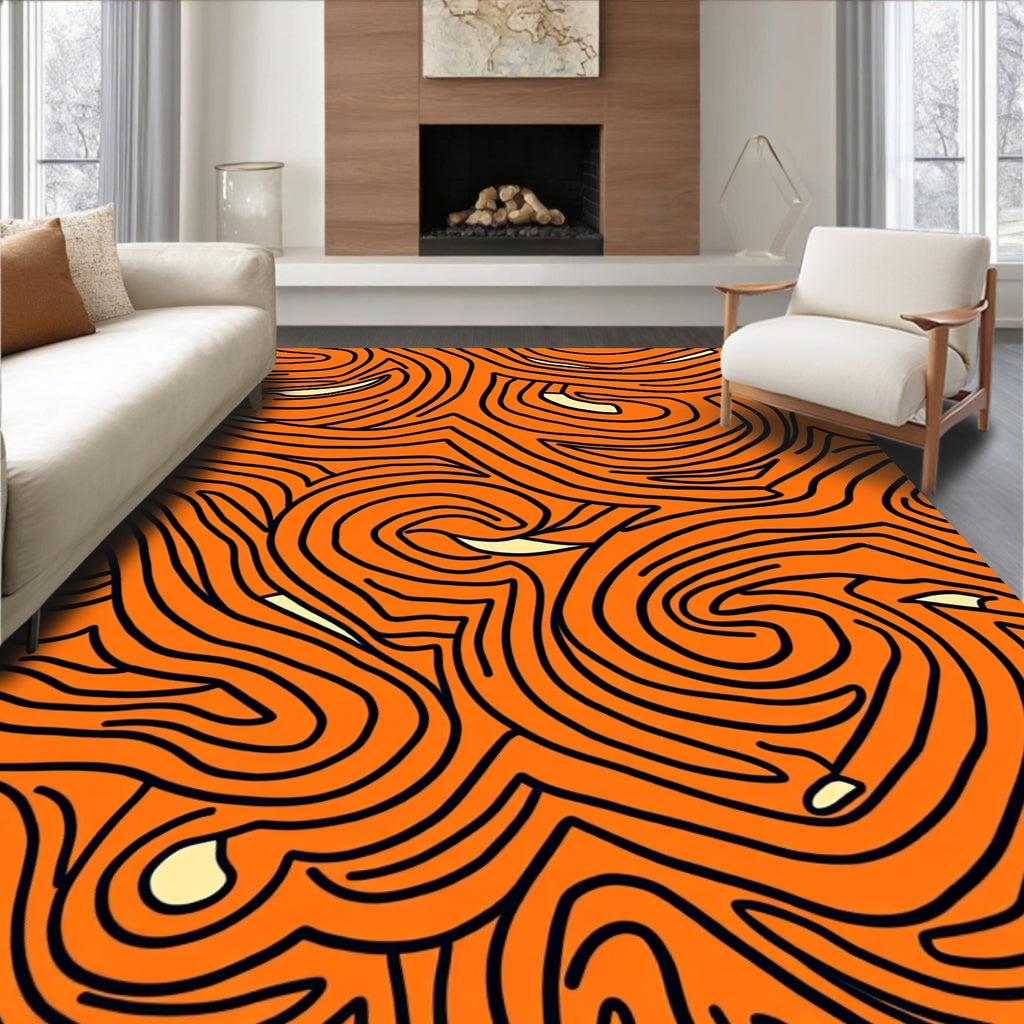 Bold Orange Swirling Line Abstract Rug
