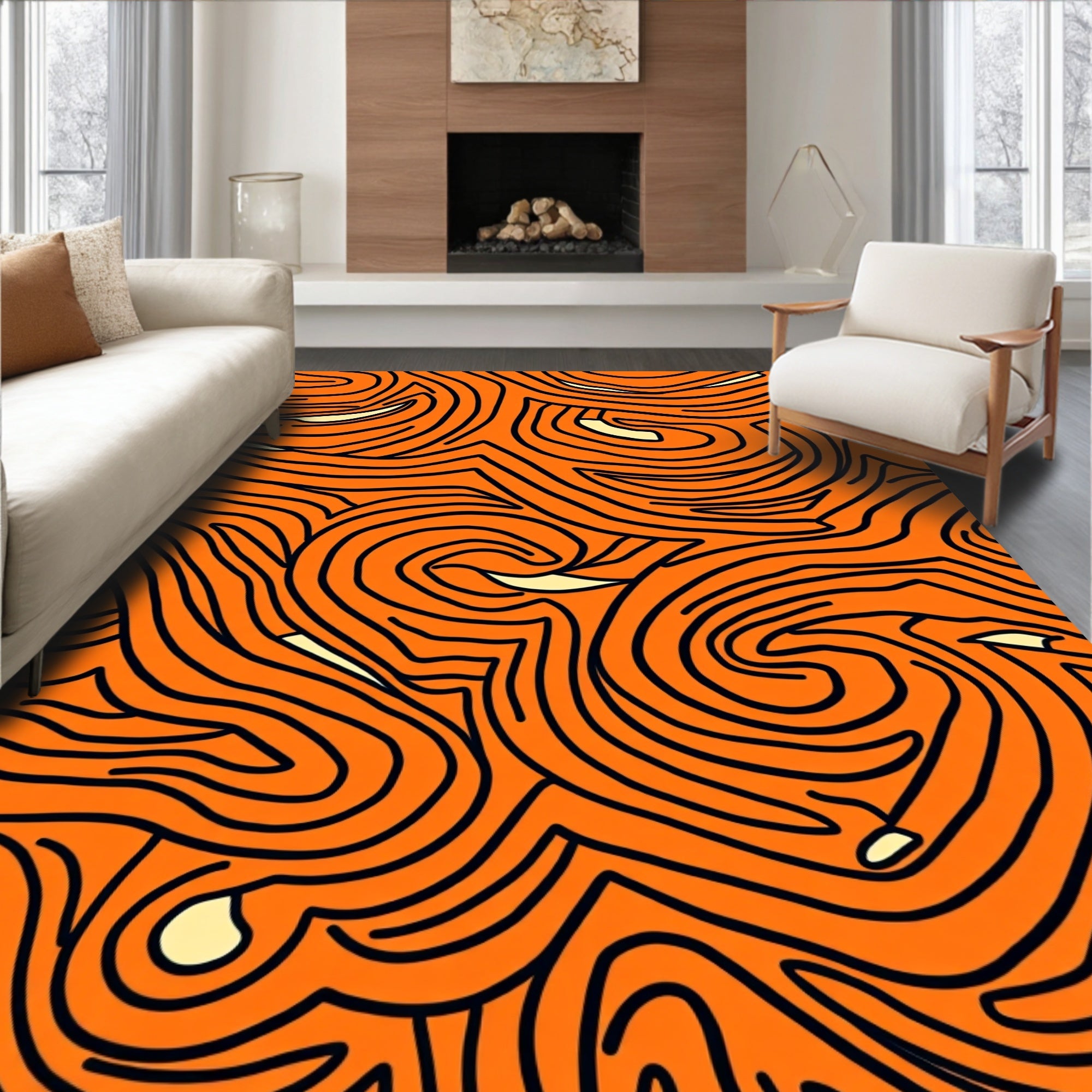 Bold Orange Swirling Line Abstract Rug