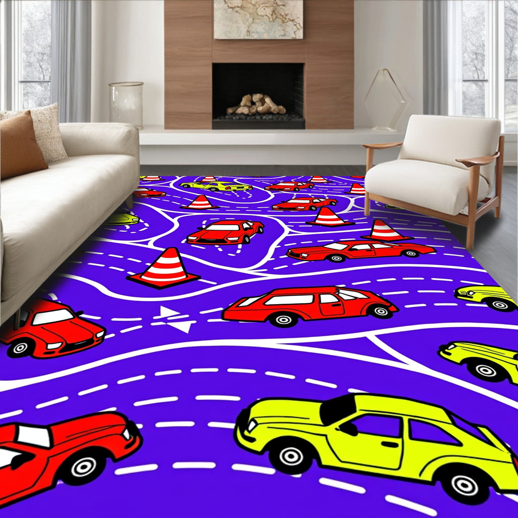 Red Yellow Cars Traffic Cones Rug