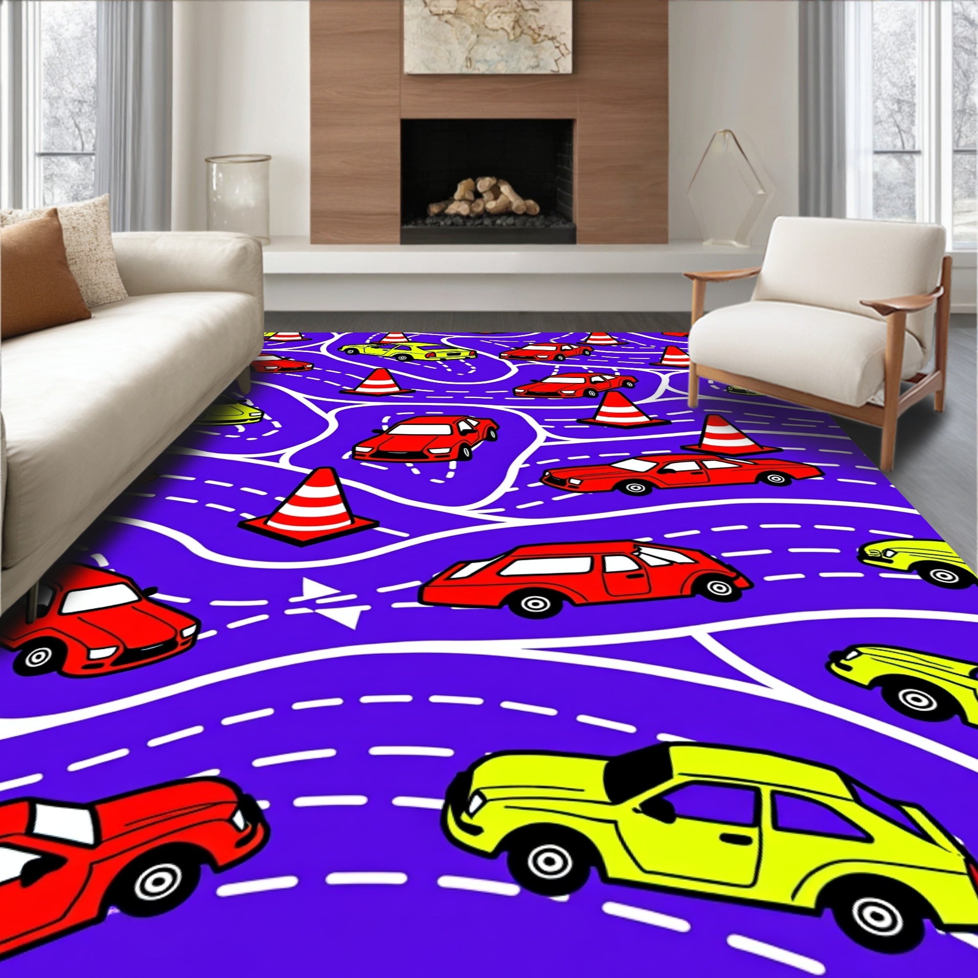 Red Yellow Cars Traffic Cones Rug