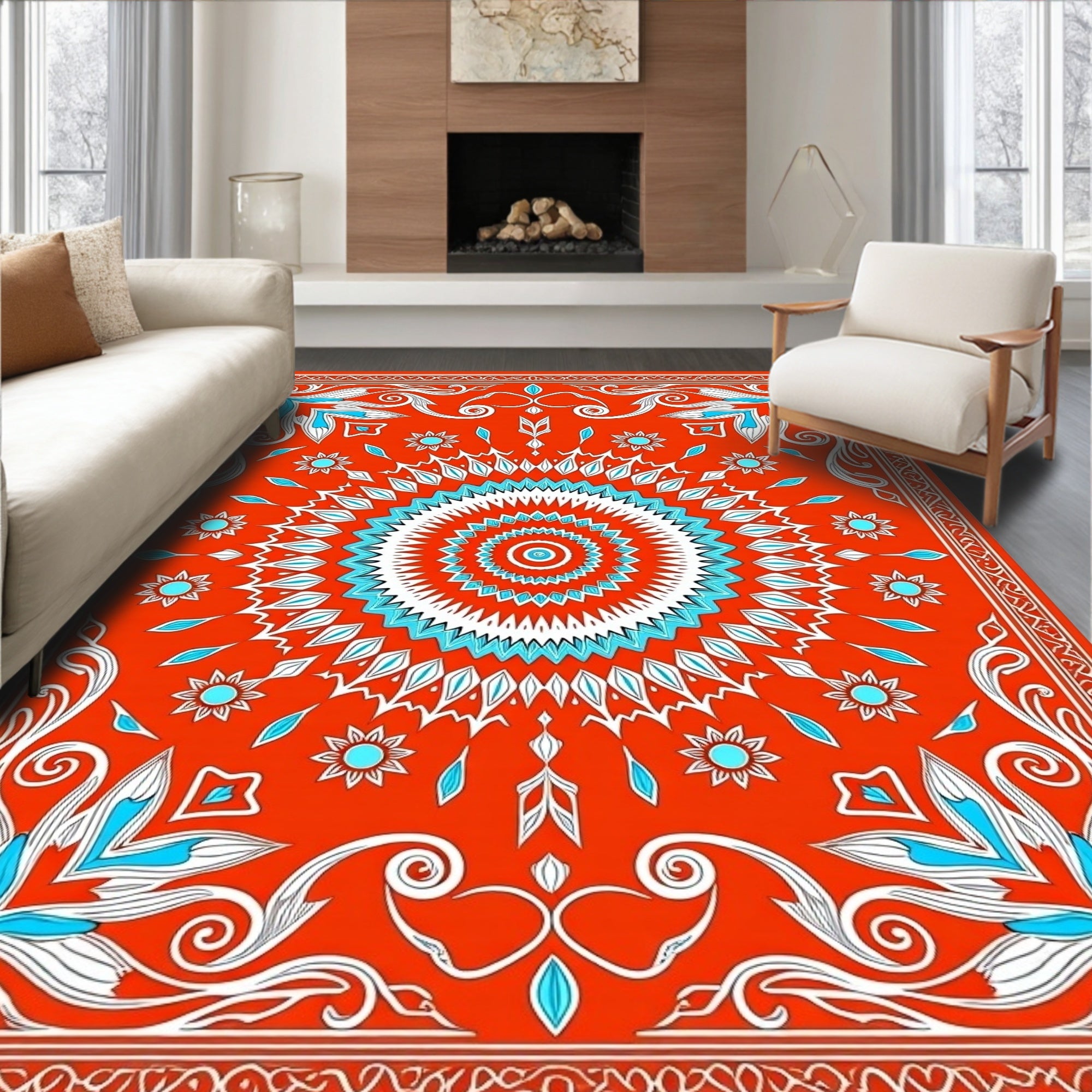 Vibrant Red Blue Mandala Floral Rug
