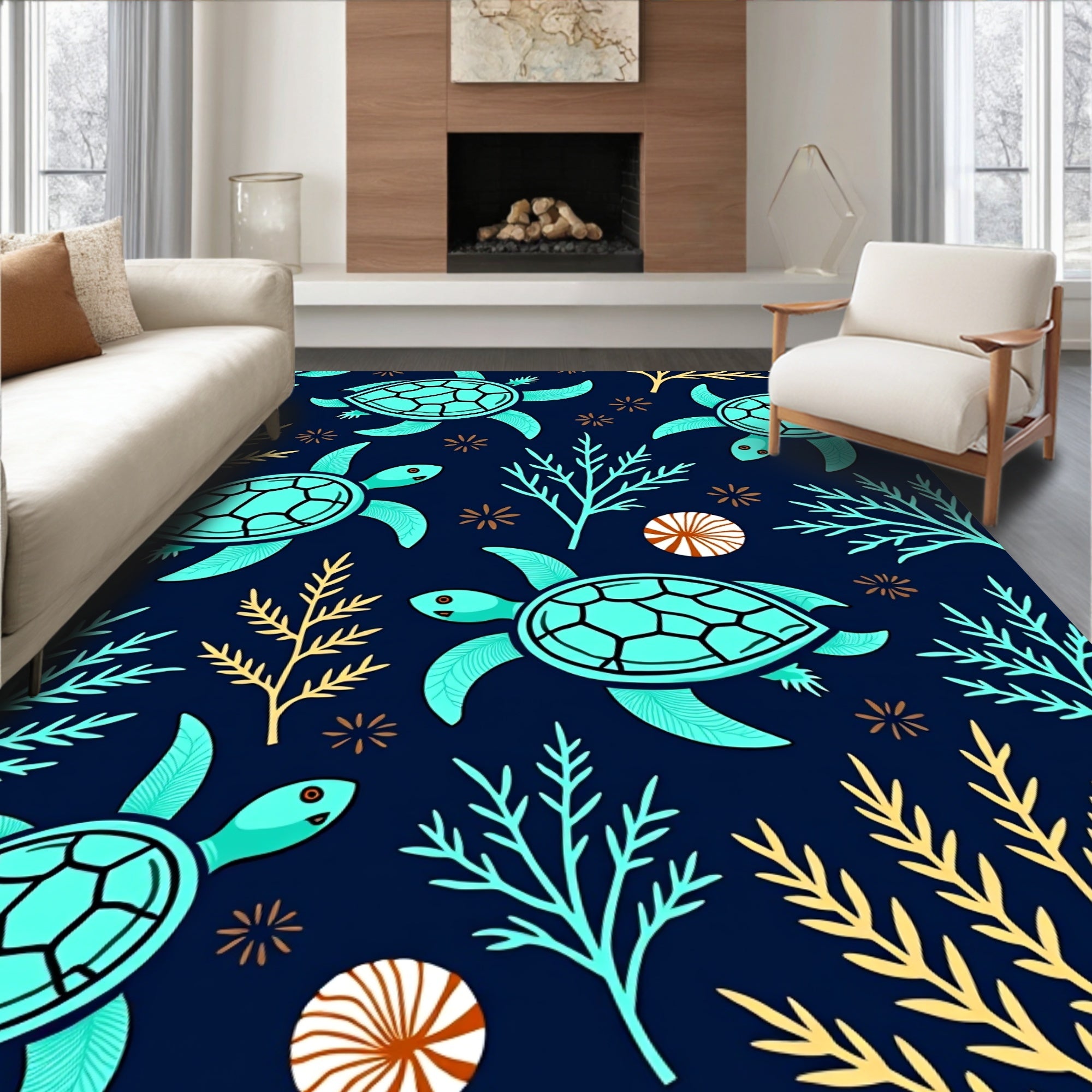 Aqua Turtle Coral Navy Garden Rug