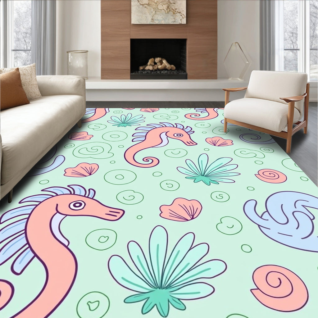 Coral Seahorse Shell Mint Swirls Rug