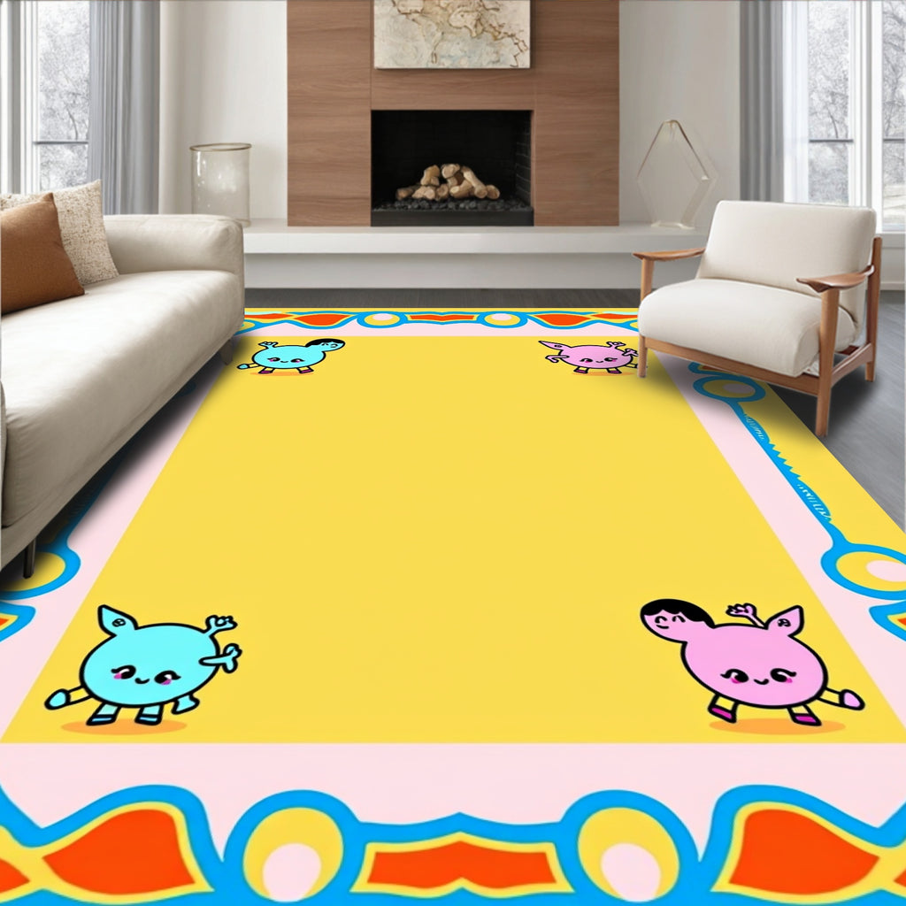 Cute Whimsical Creature Border Yellow Rug