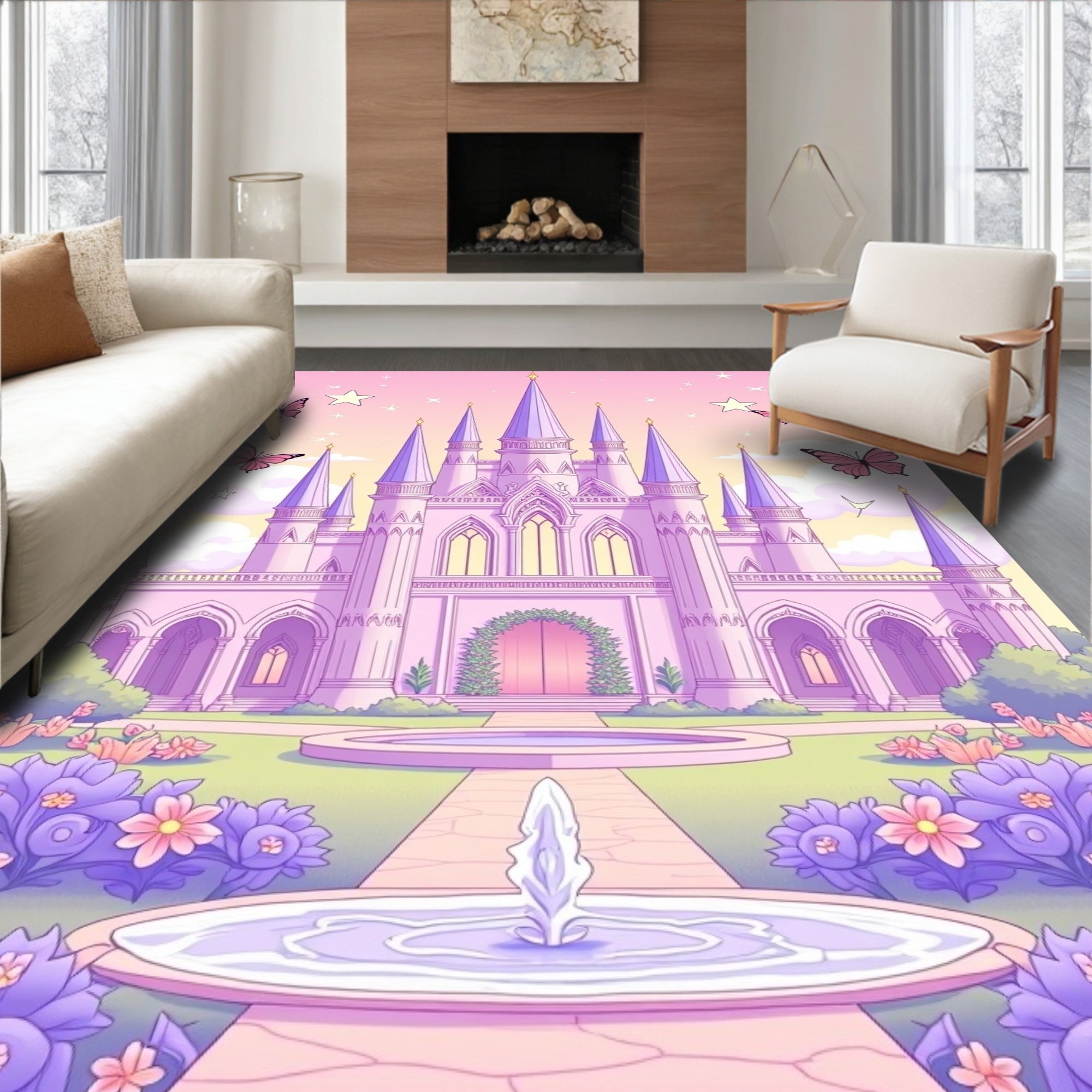 Pastel Pink Castle Butterfly Garden Rug