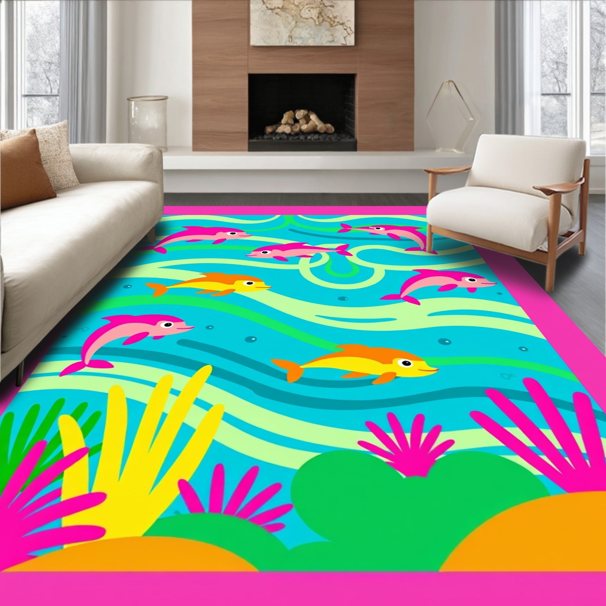 Playful Pink Dolphins Ocean Waves Rug