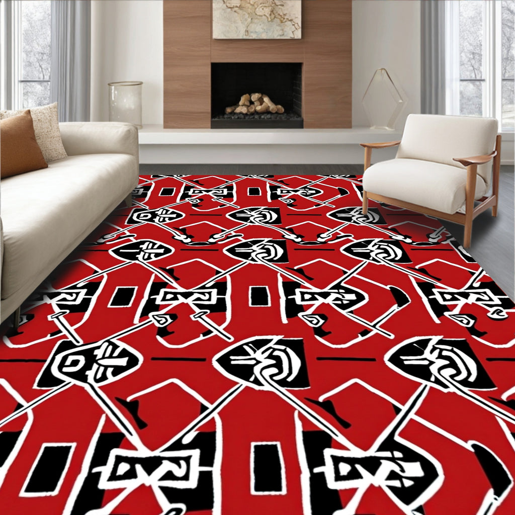 Abstract Red Black White Geometric Arrangement Rug