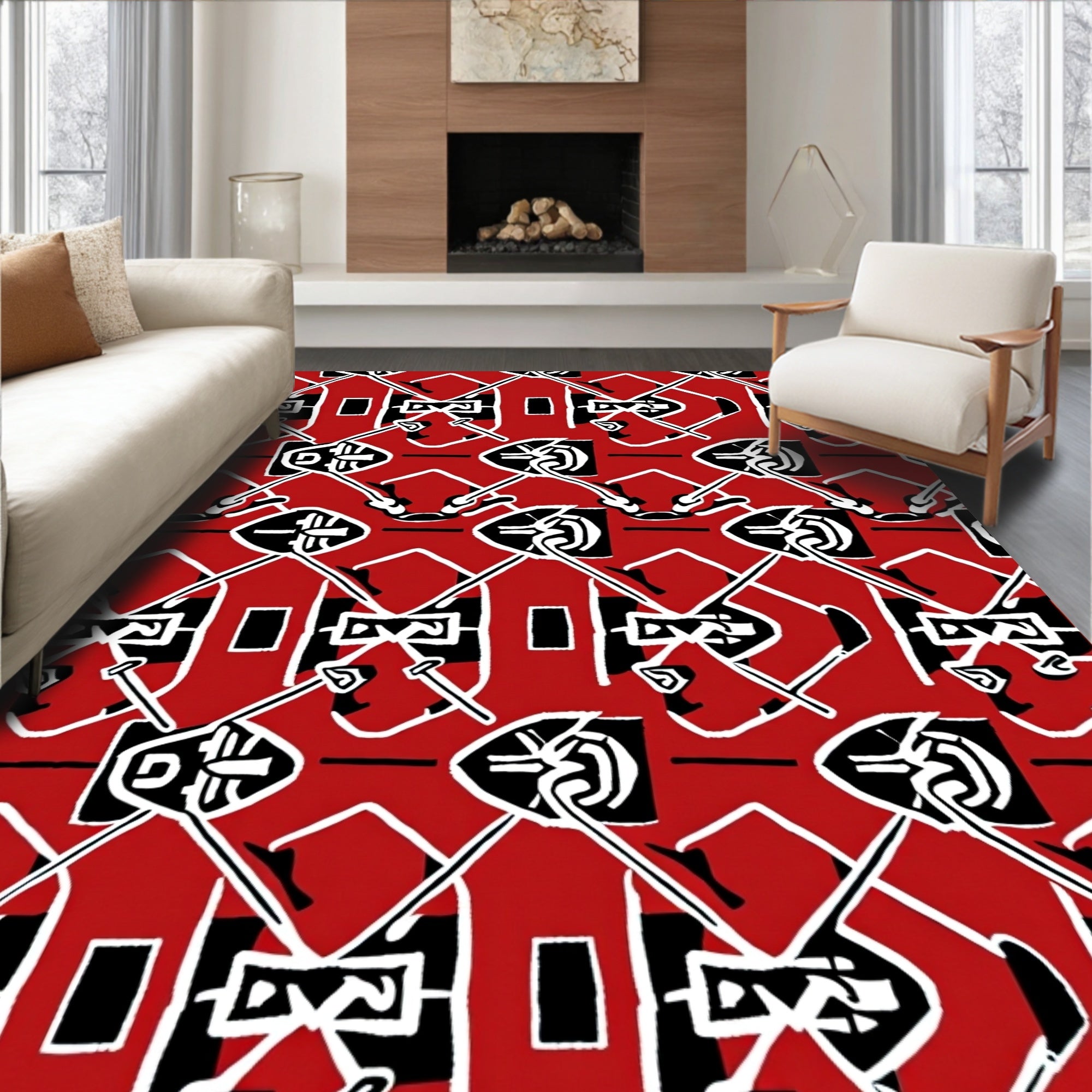 Abstract Red Black White Geometric Arrangement Rug