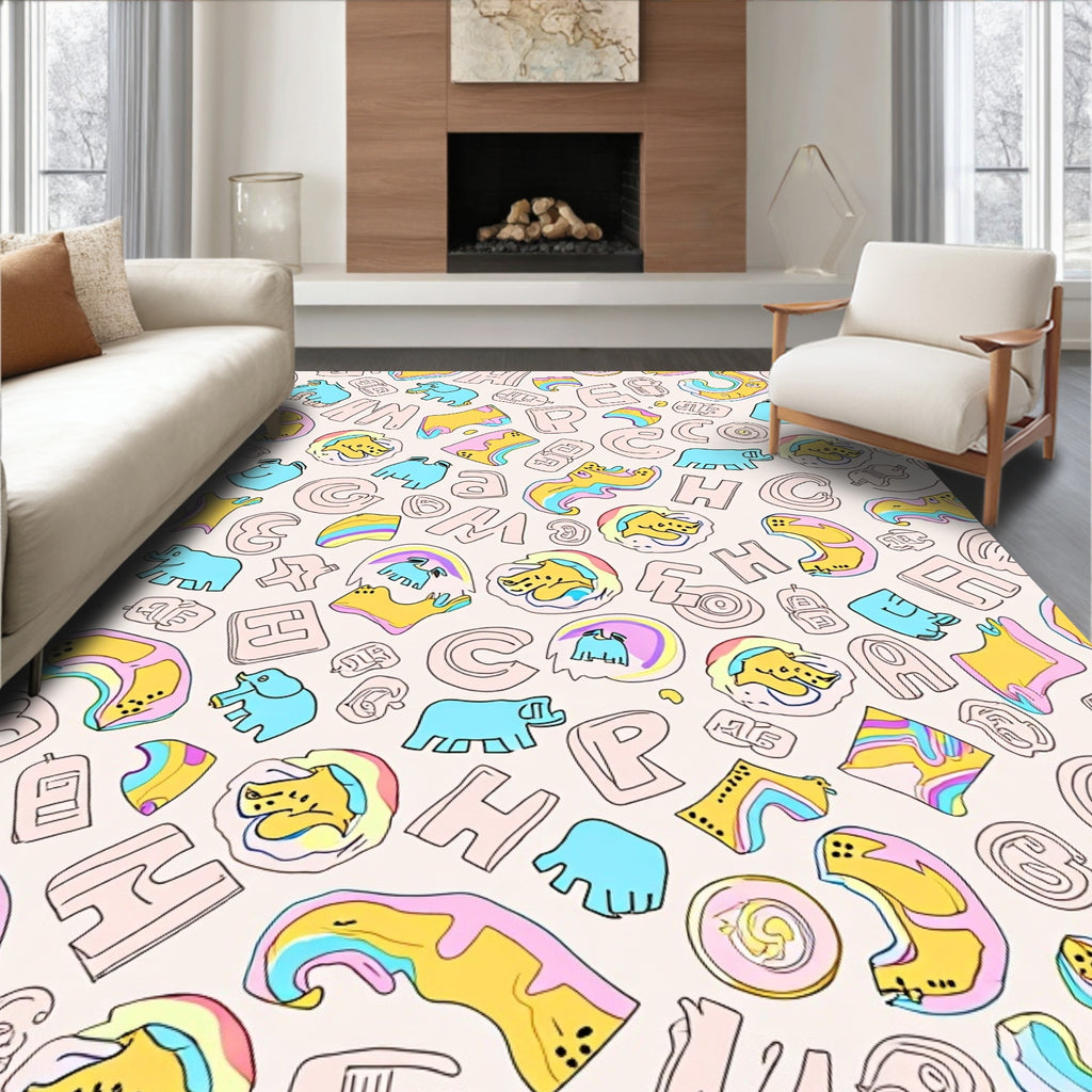 Pink Blue Yellow Alphabet Animals Whimsy Rug