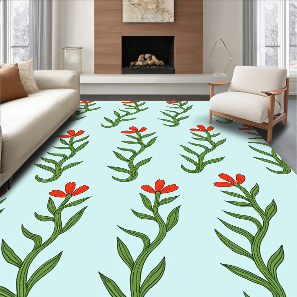Red Floral Stem Light Blue Background Rug