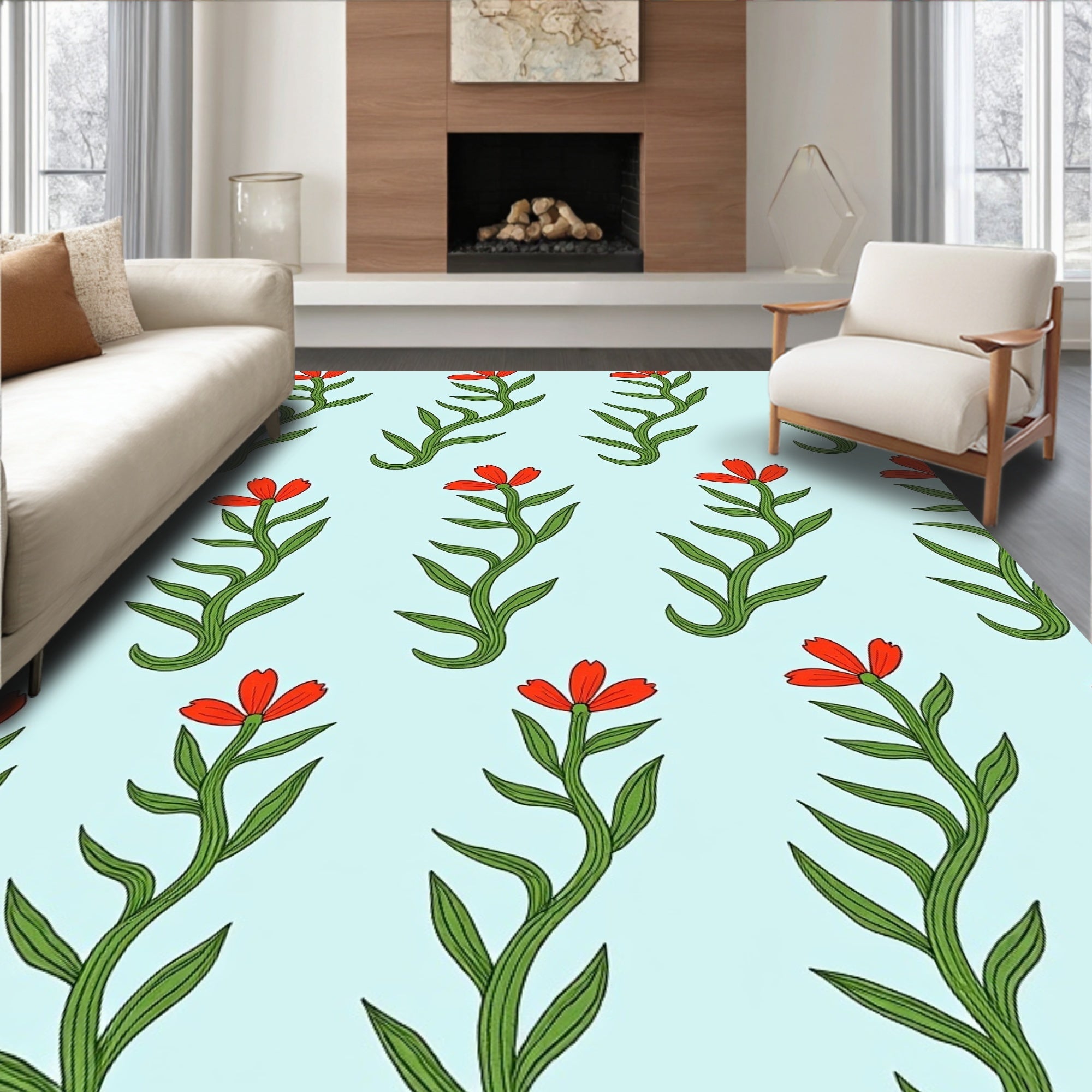 Red Floral Stem Light Blue Background Rug