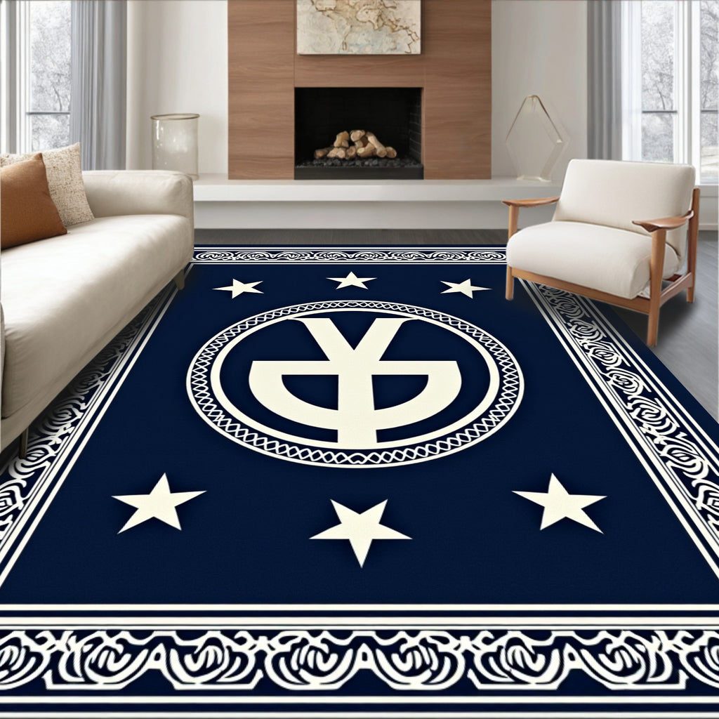 Deep Blue White Star Emblem Border Rug