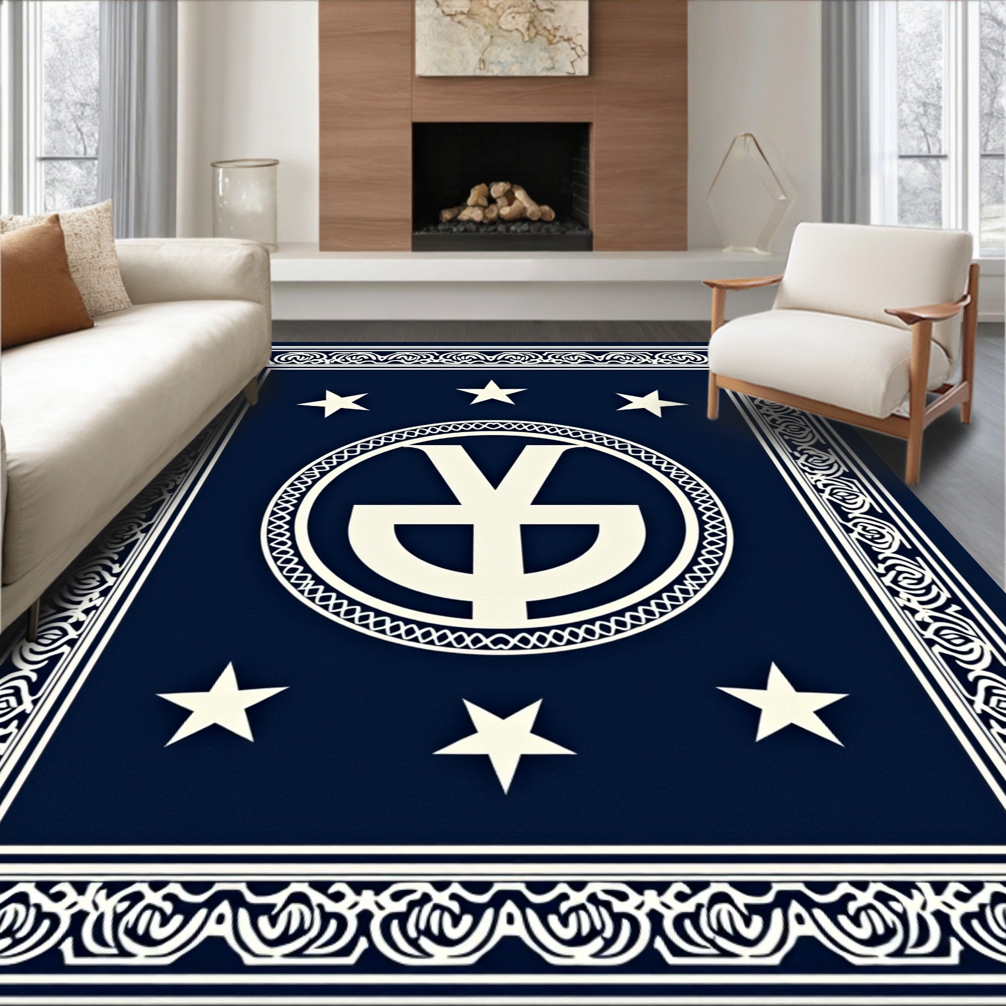 Deep Blue White Star Emblem Border Rug
