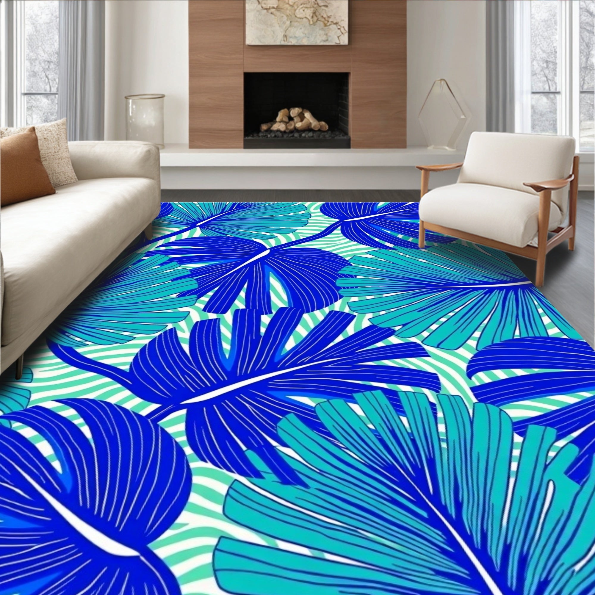 Vibrant Blue Tropical Foliage Rug