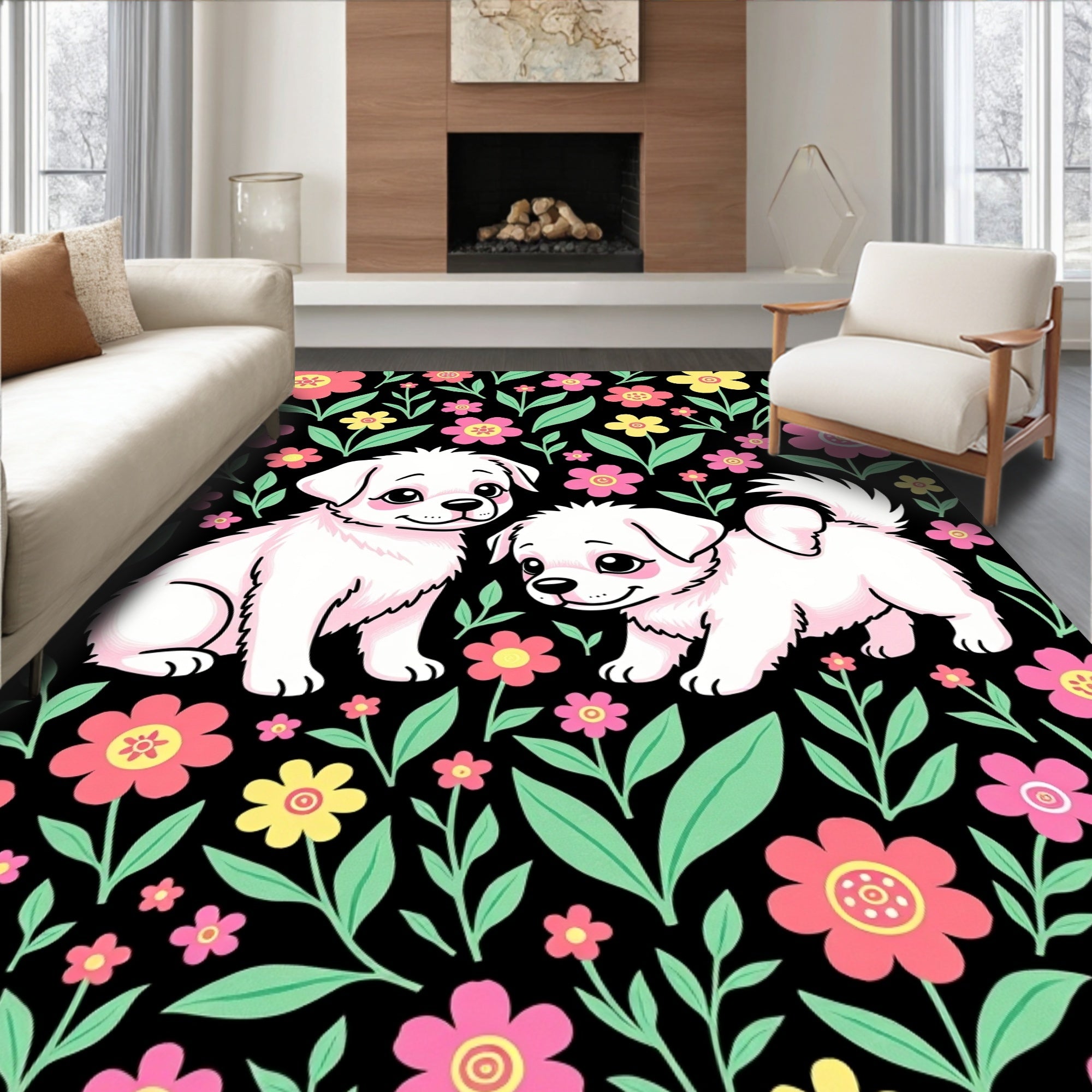 Cute Puppies Pink Flower Garden Rug