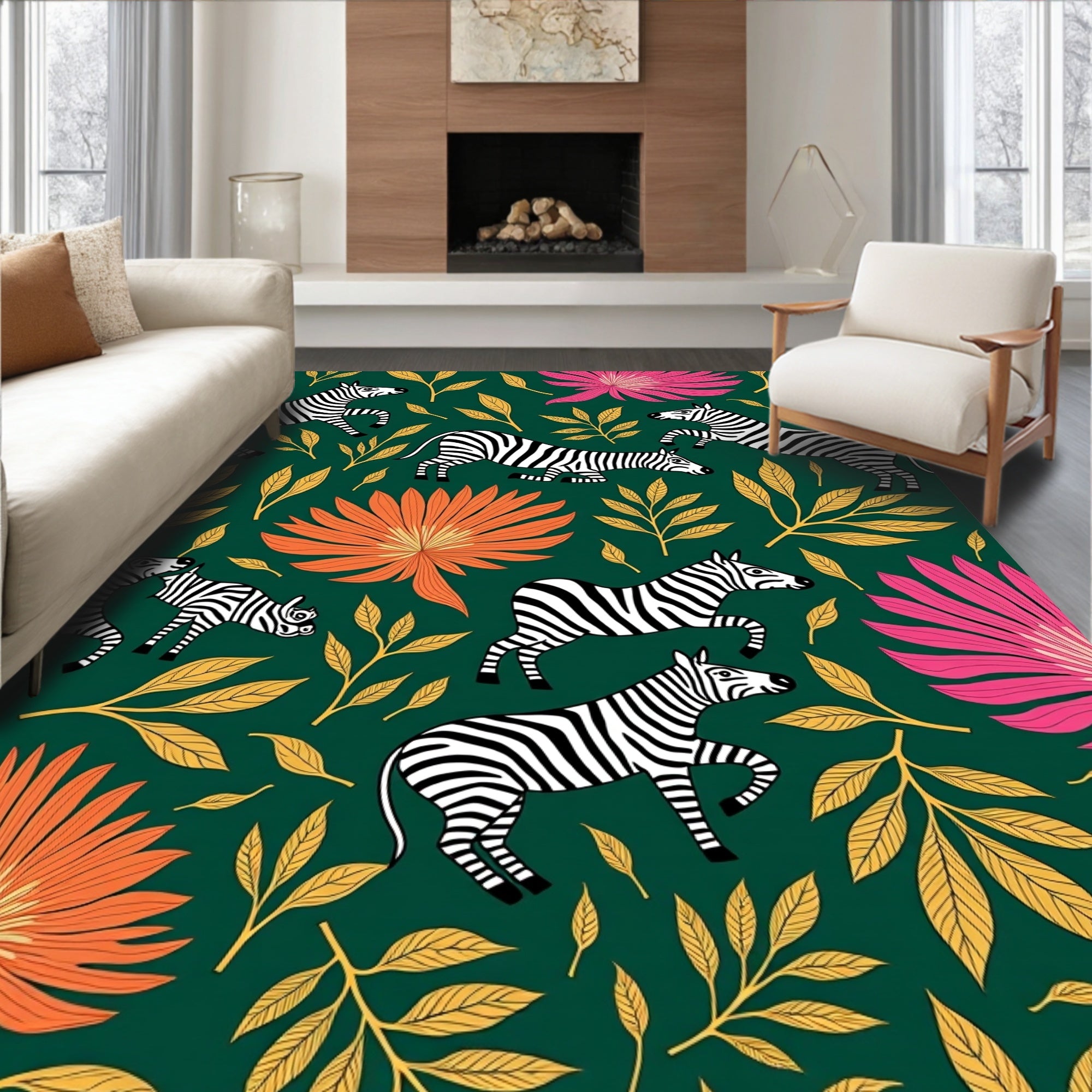 Emerald Green Zebra Floral Garden Jungle Rug