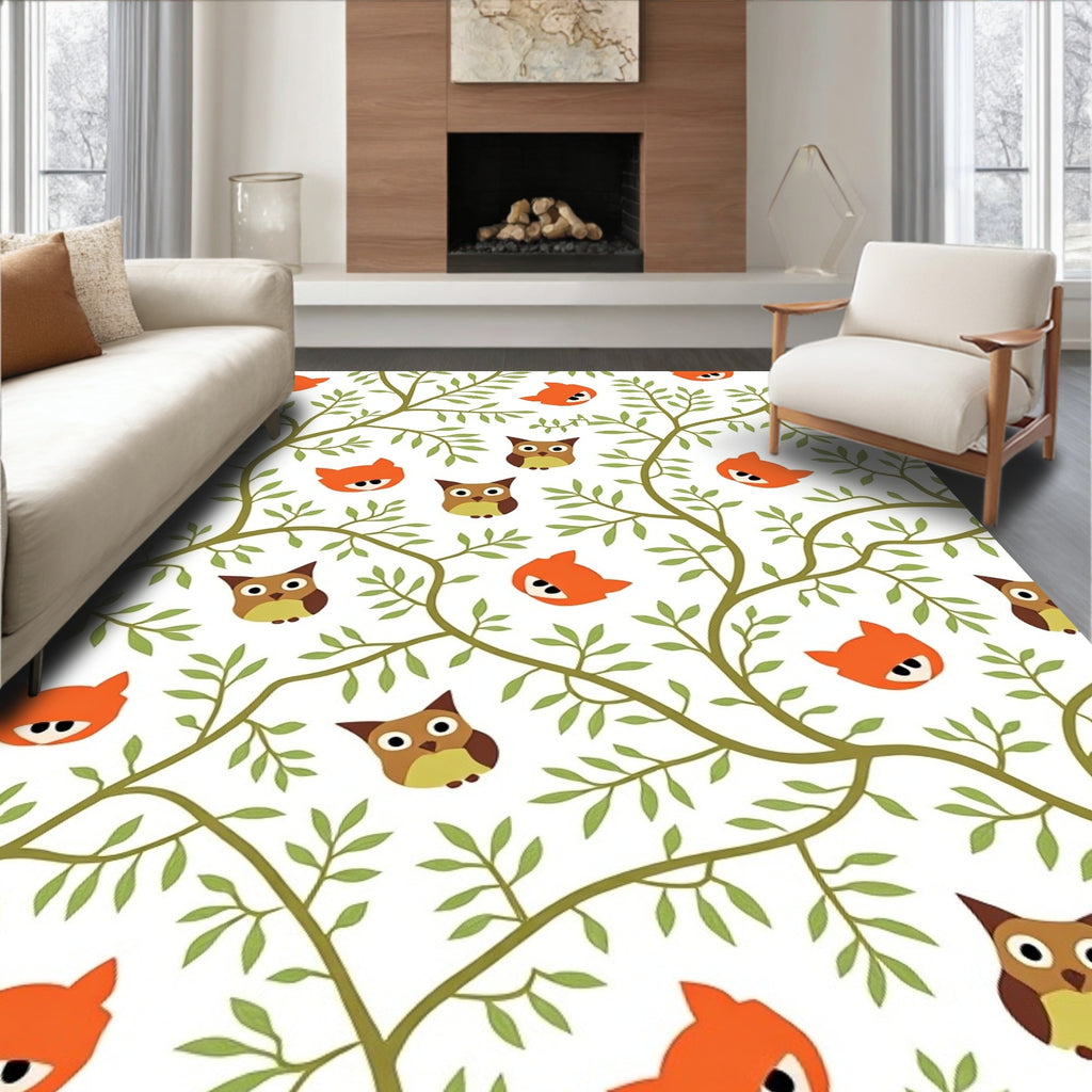 Whimsical Fox Owl Tree Branches Rug