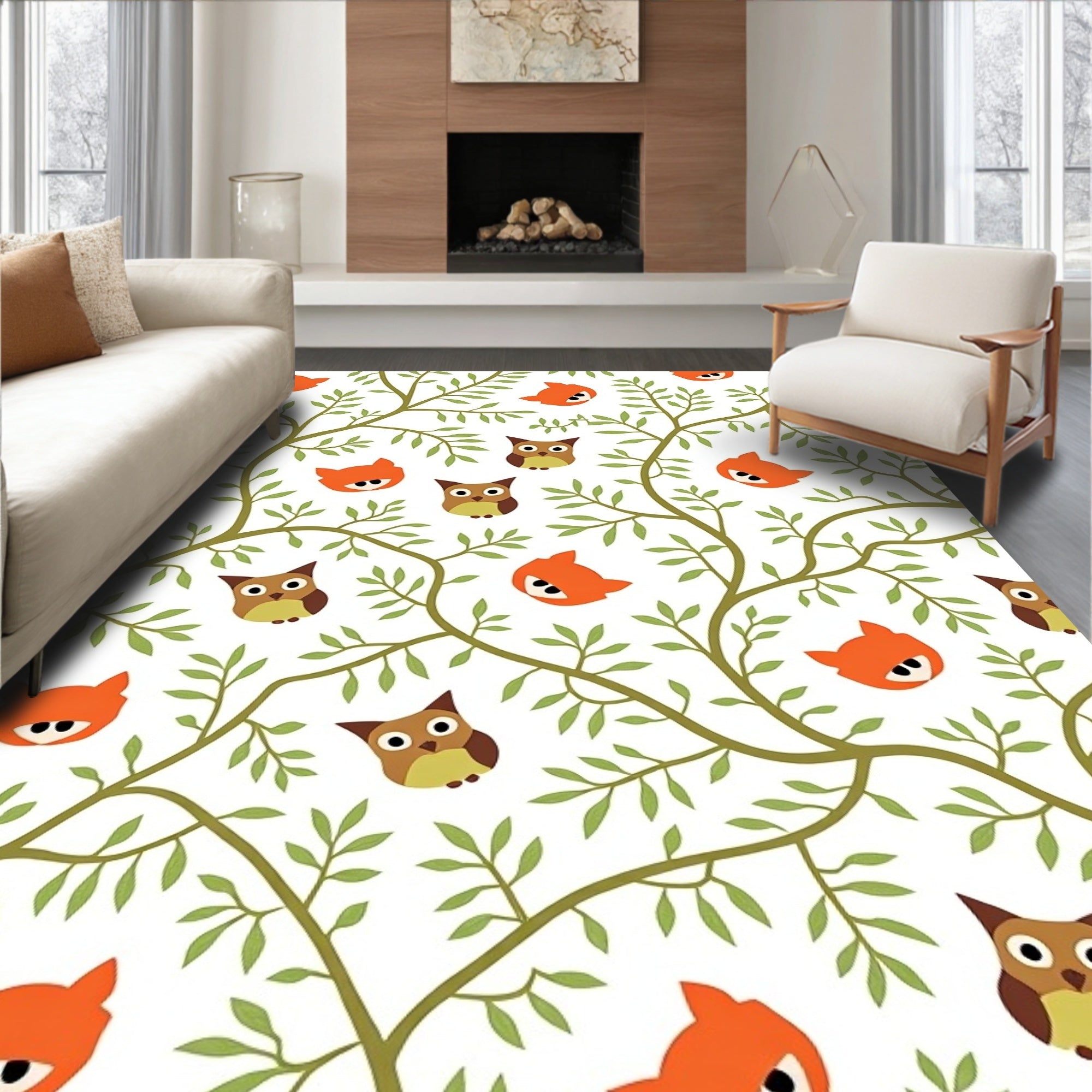 Whimsical Fox Owl Tree Branches Rug