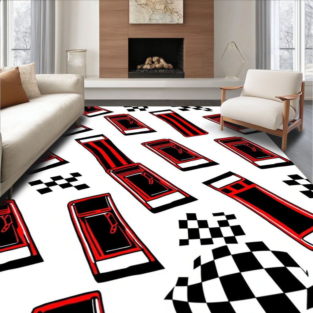 Red Black Stripes Checkered Boxes Rug
