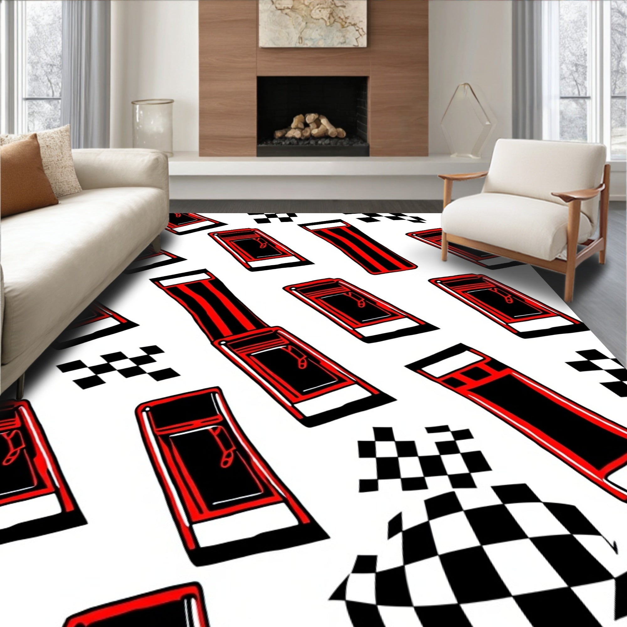 Red Black Stripes Checkered Boxes Rug