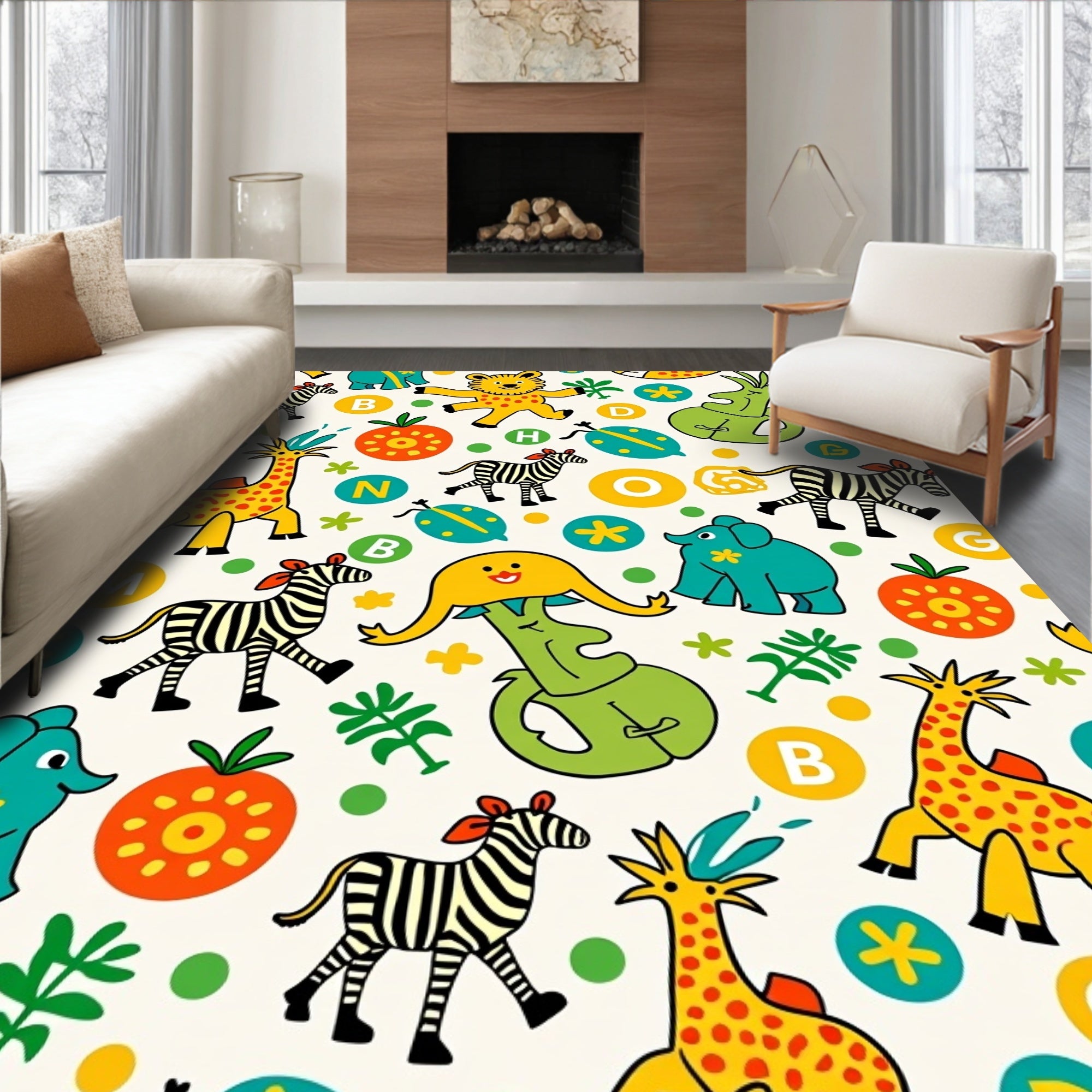 Cartoon Animals Alphabet Playful Multicolor Rug