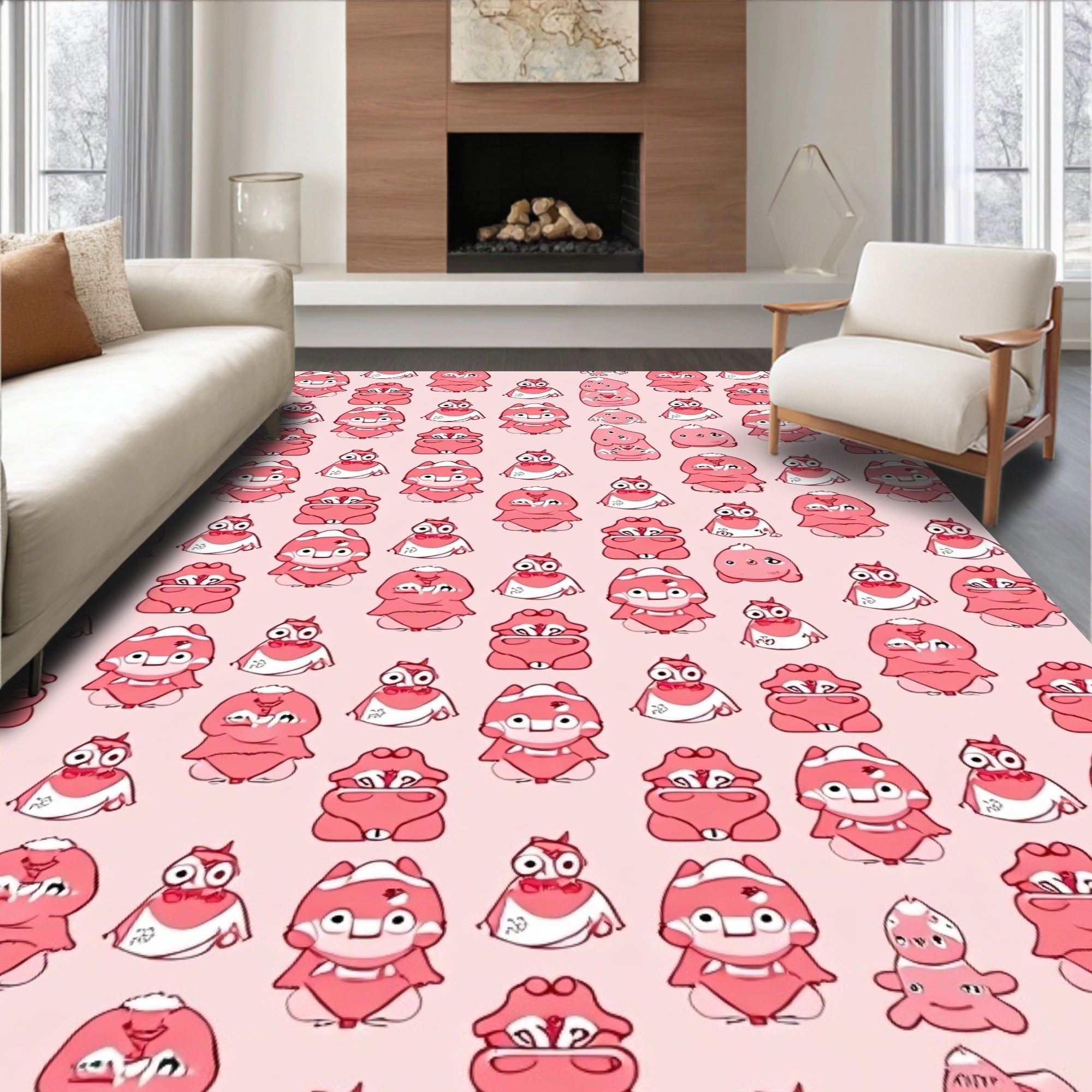 Coral Pink Cartoon Characters Repeat Rug