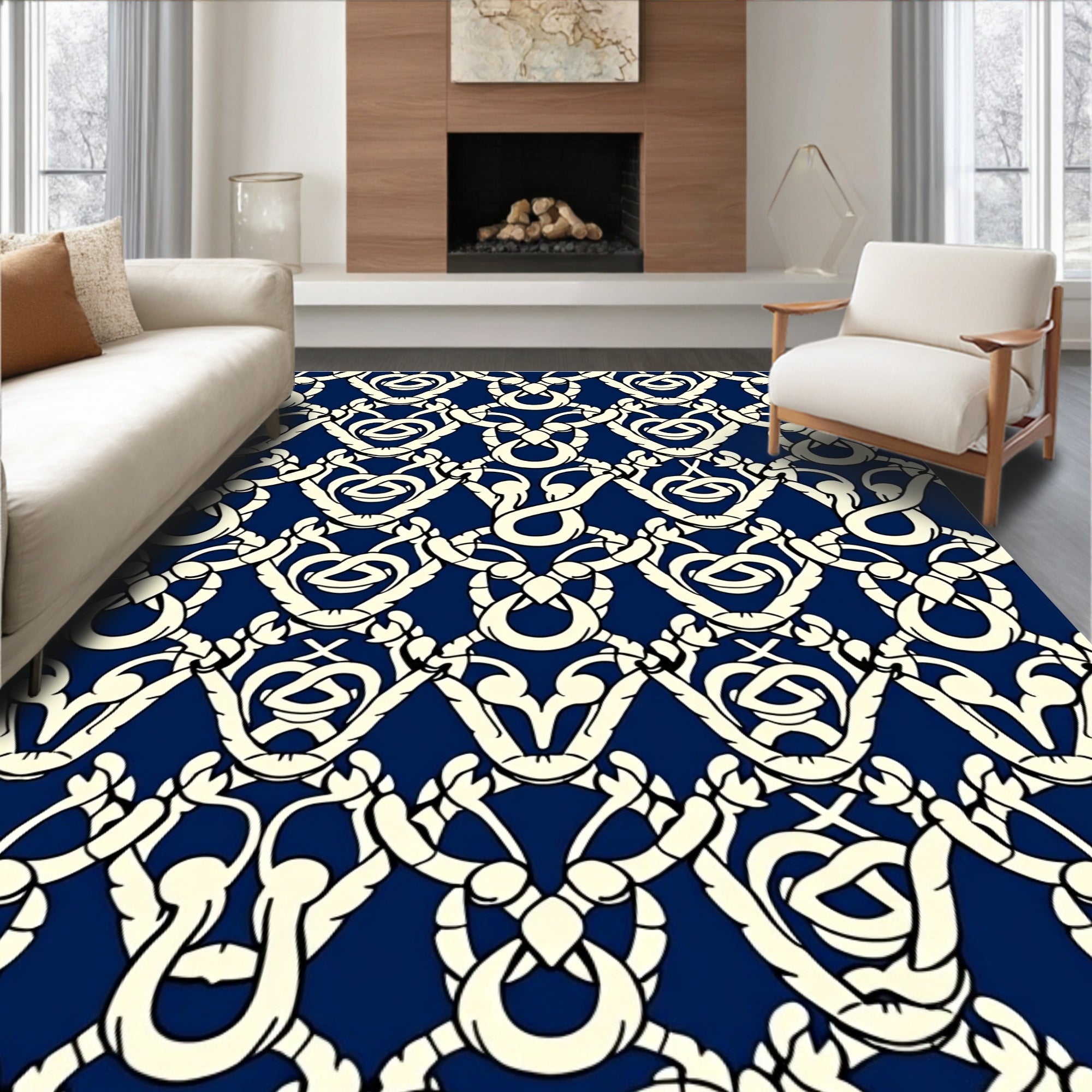 Cream and Navy Intertwined Damask Rug