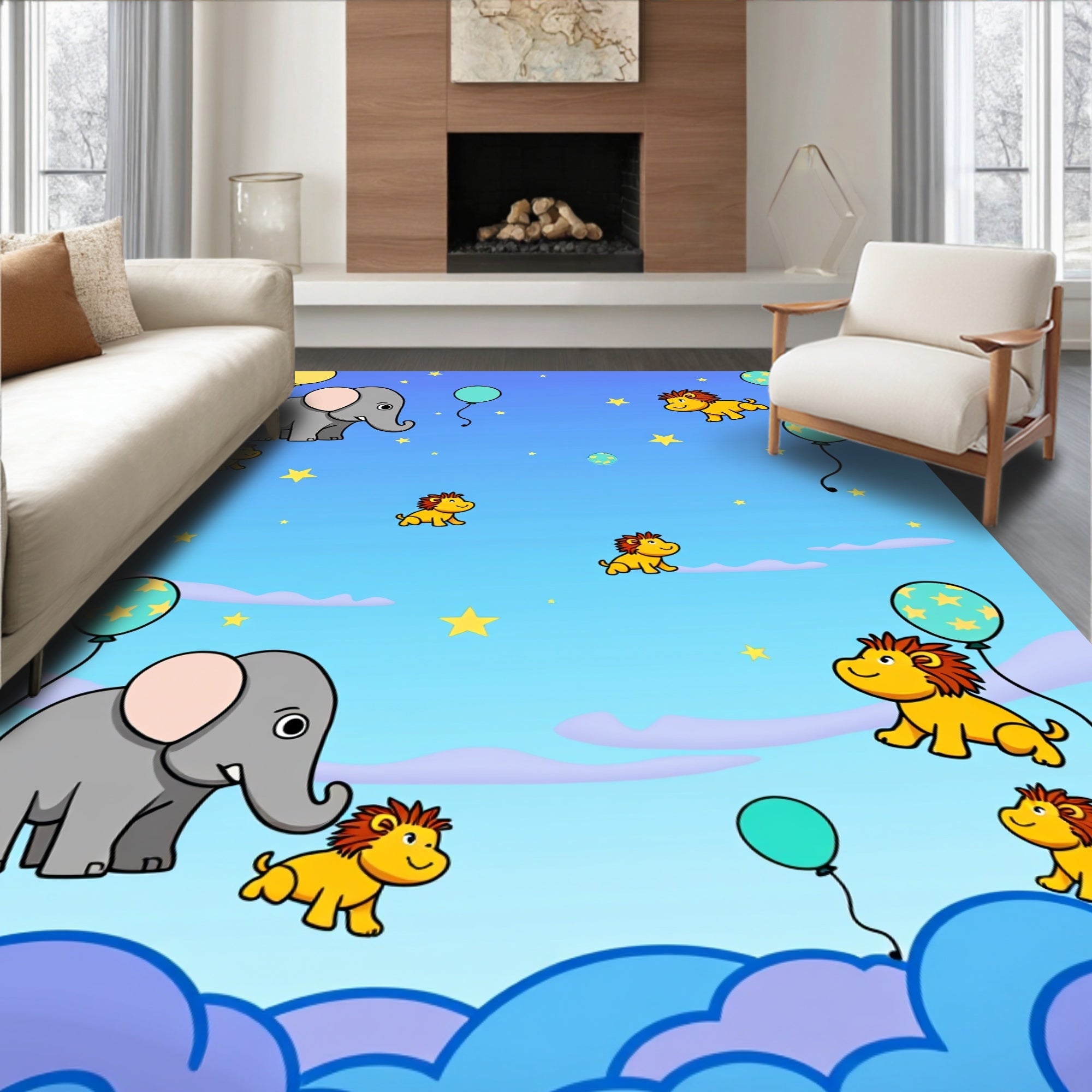 Playful Elephants Lions Sky Balloons Rug