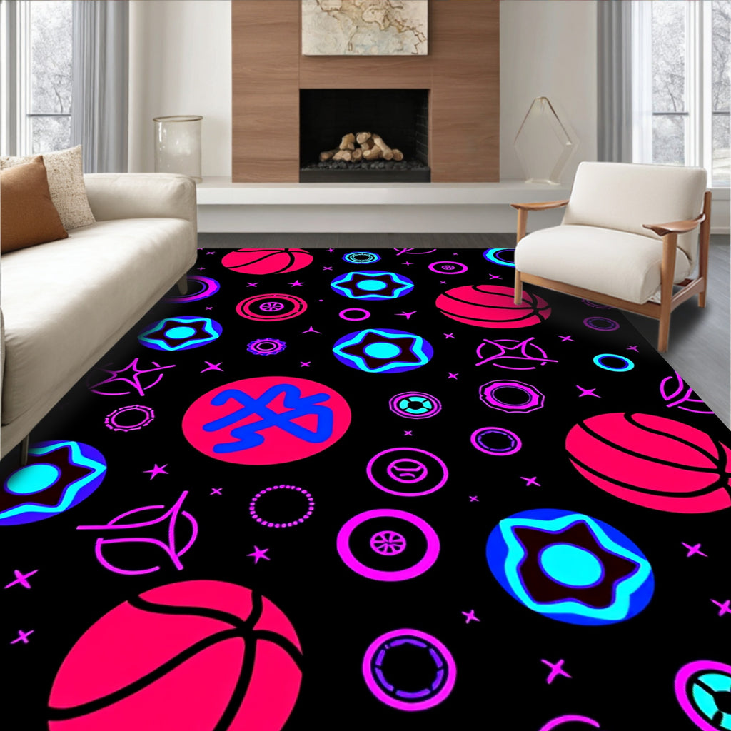 Vibrant Neon Circles Basketballs Stars Rug