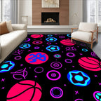 Vibrant Neon Circles Basketballs Stars Rug