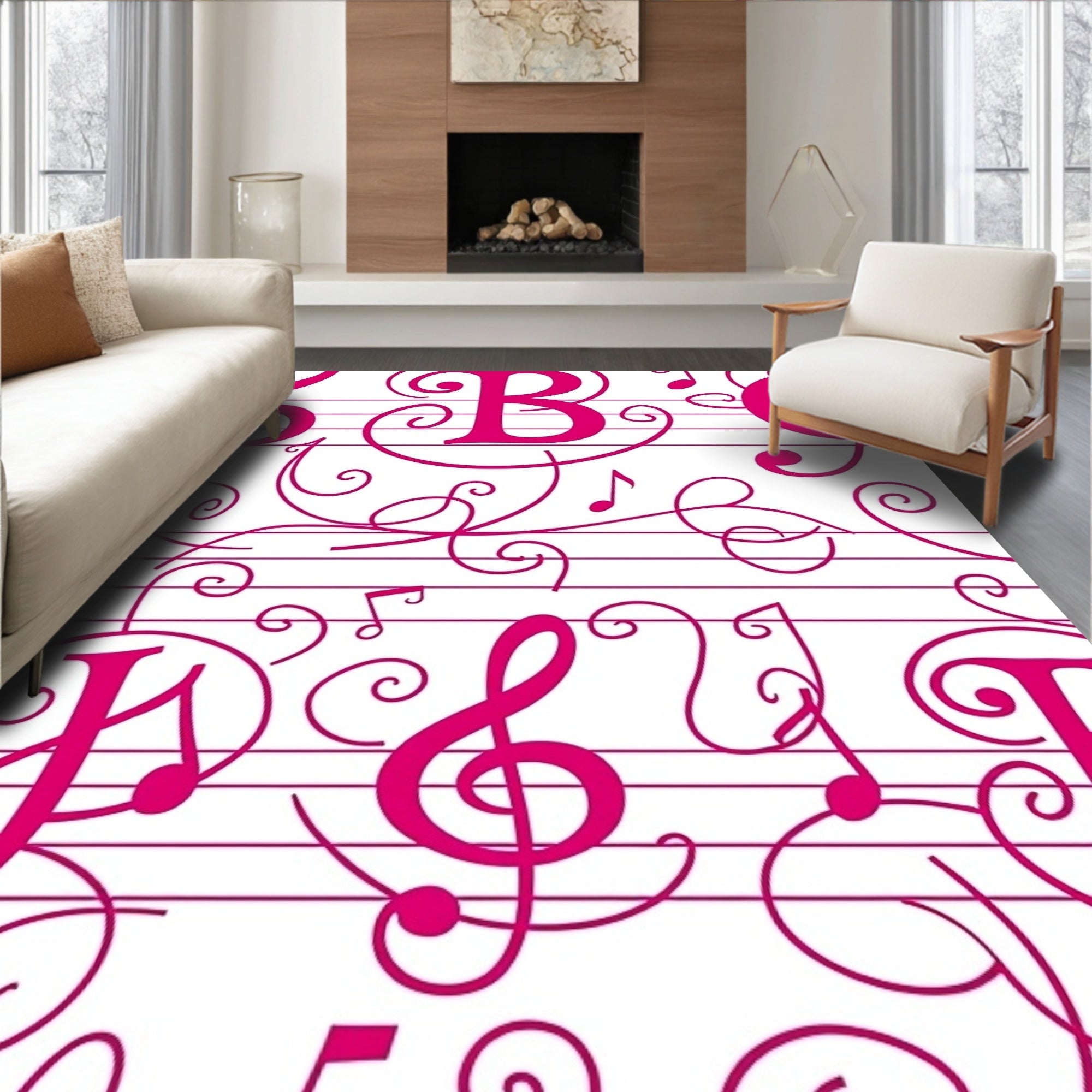 Vibrant Pink Musical Notes Staff Rug