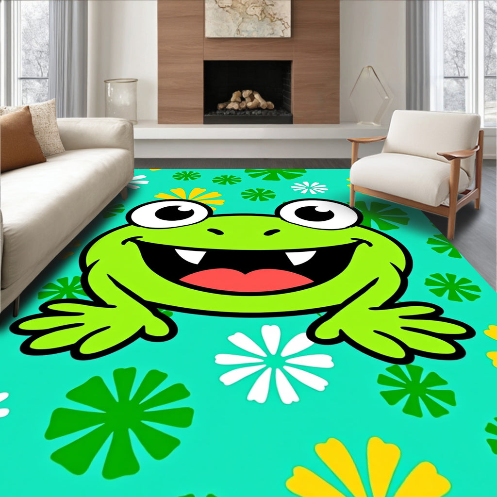 Whimsical Frog Flowers Teal Rug