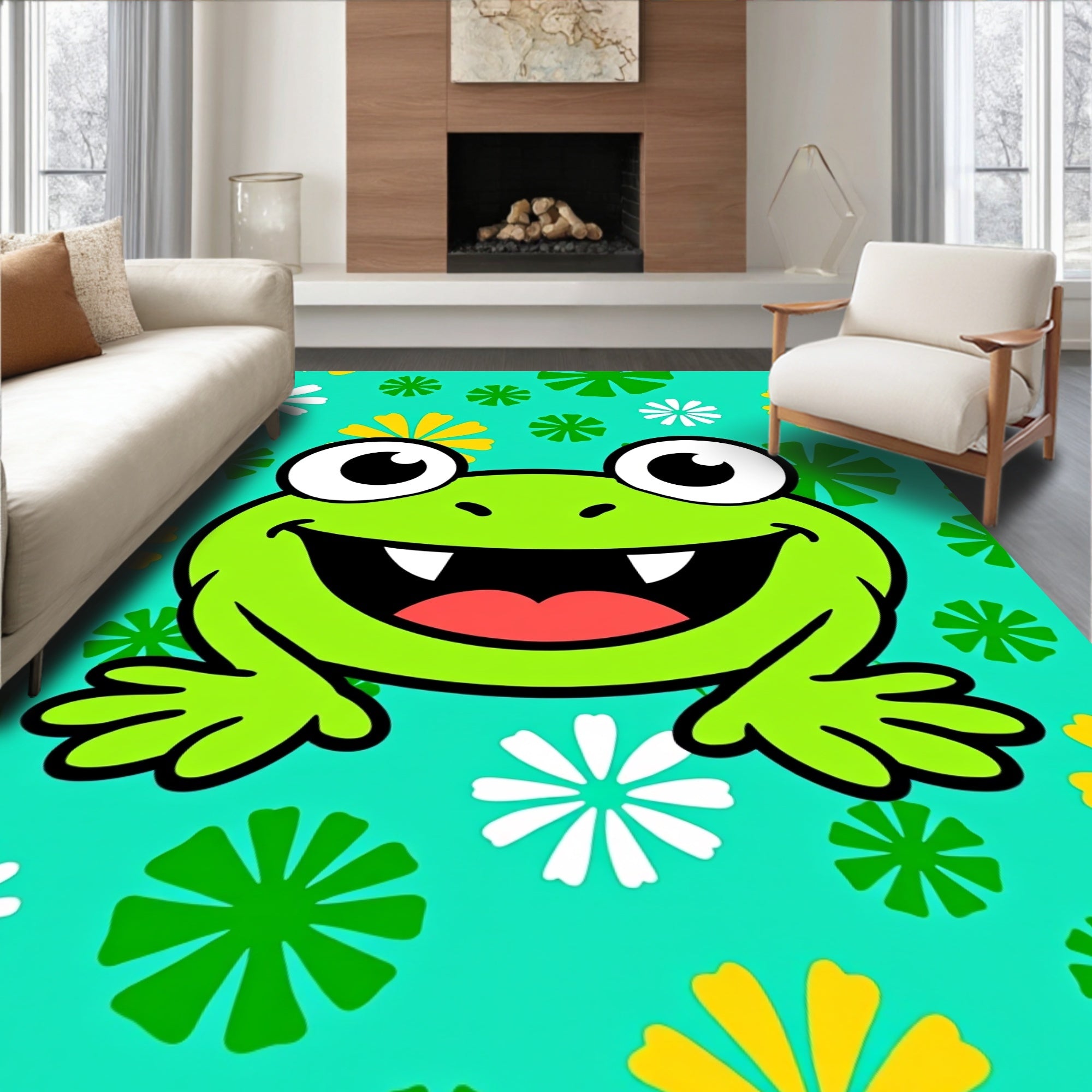 Whimsical Frog Flowers Teal Rug