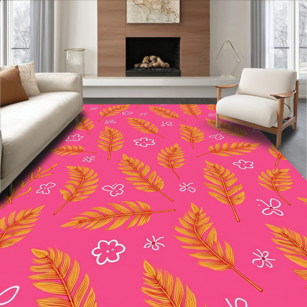 Golden Feathers Pink Floral Whimsical Rug