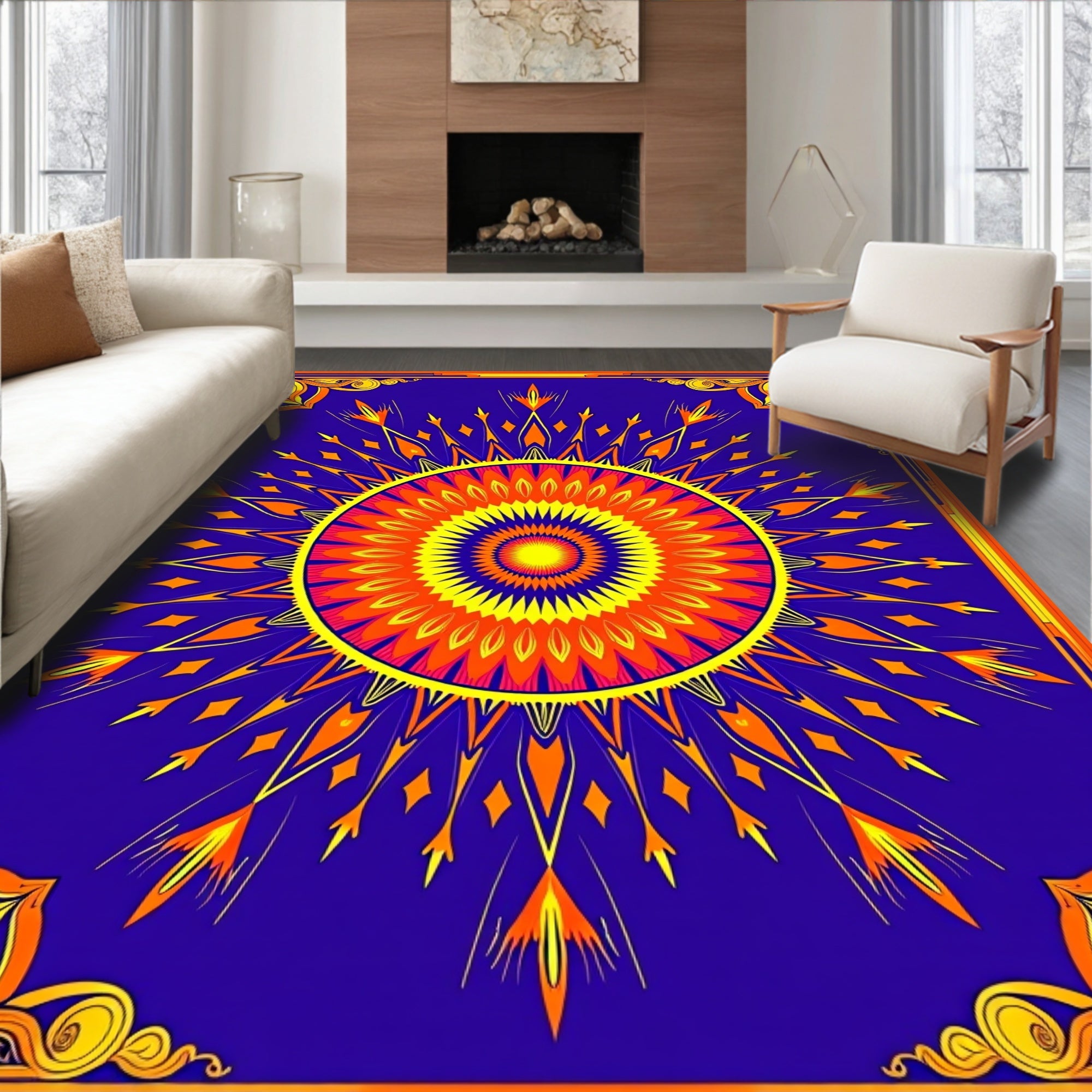 Vibrant Sunburst Mandala Royal Blue Rug