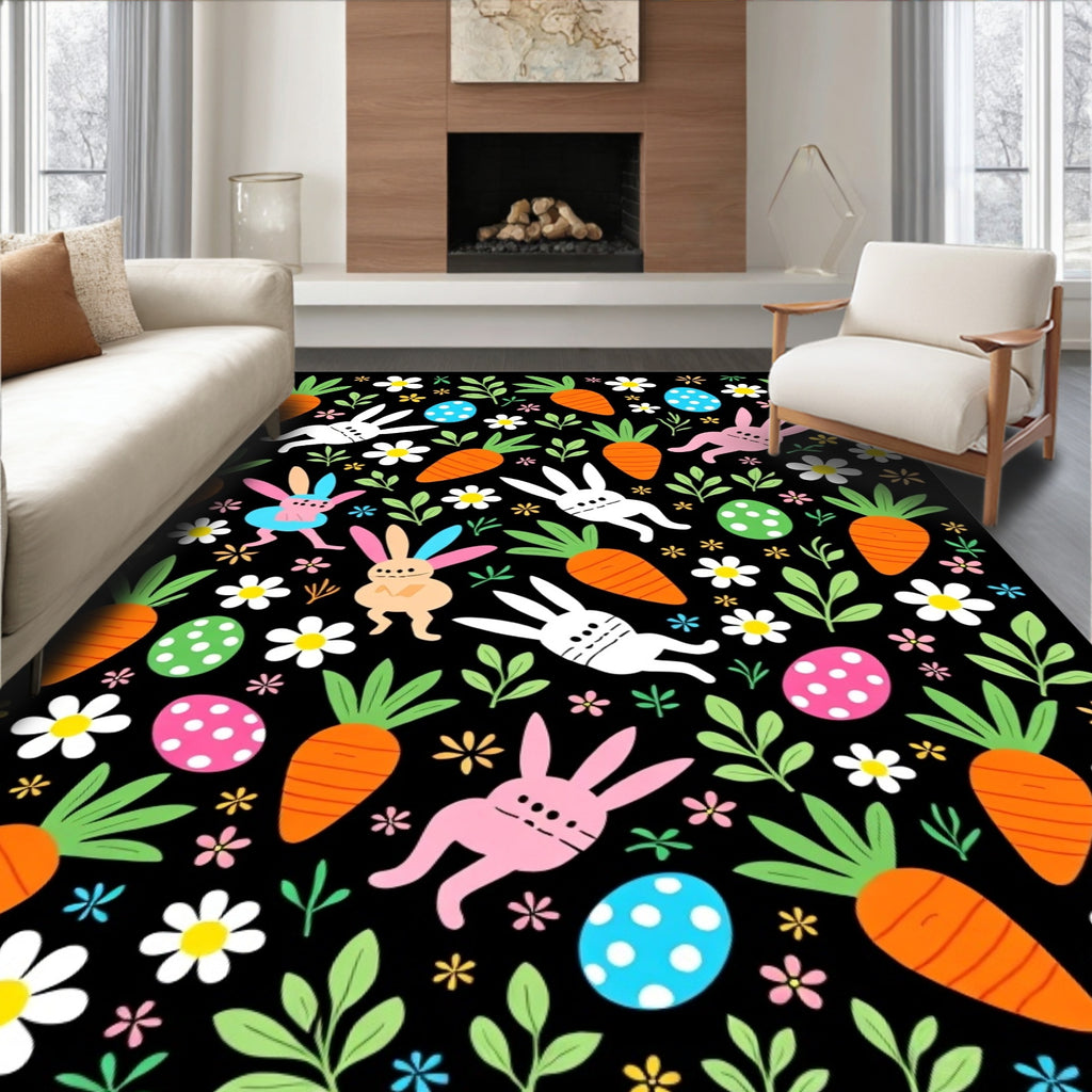 Whimsical Easter Bunnies Carrots Eggs Rug
