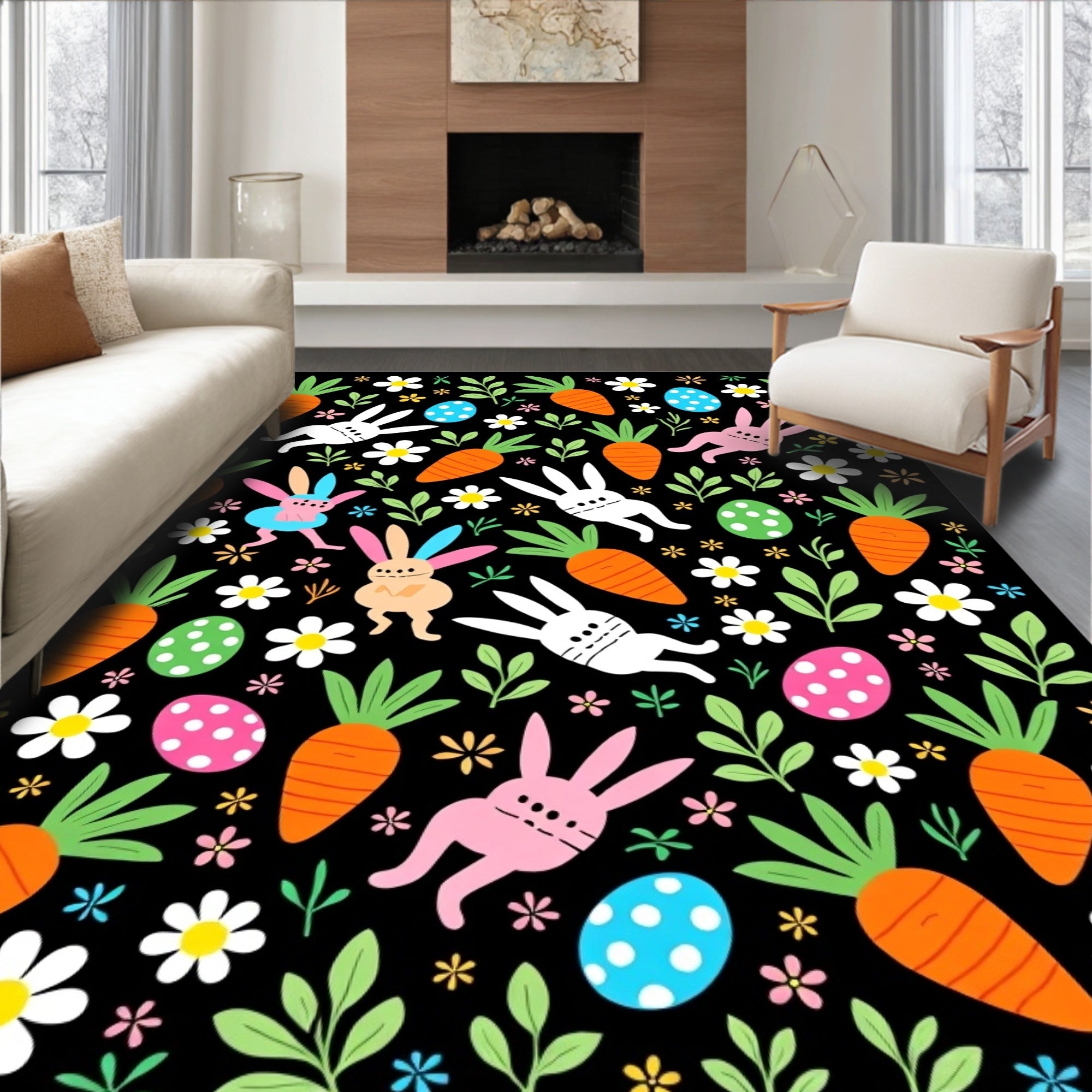 Whimsical Easter Bunnies Carrots Eggs Rug