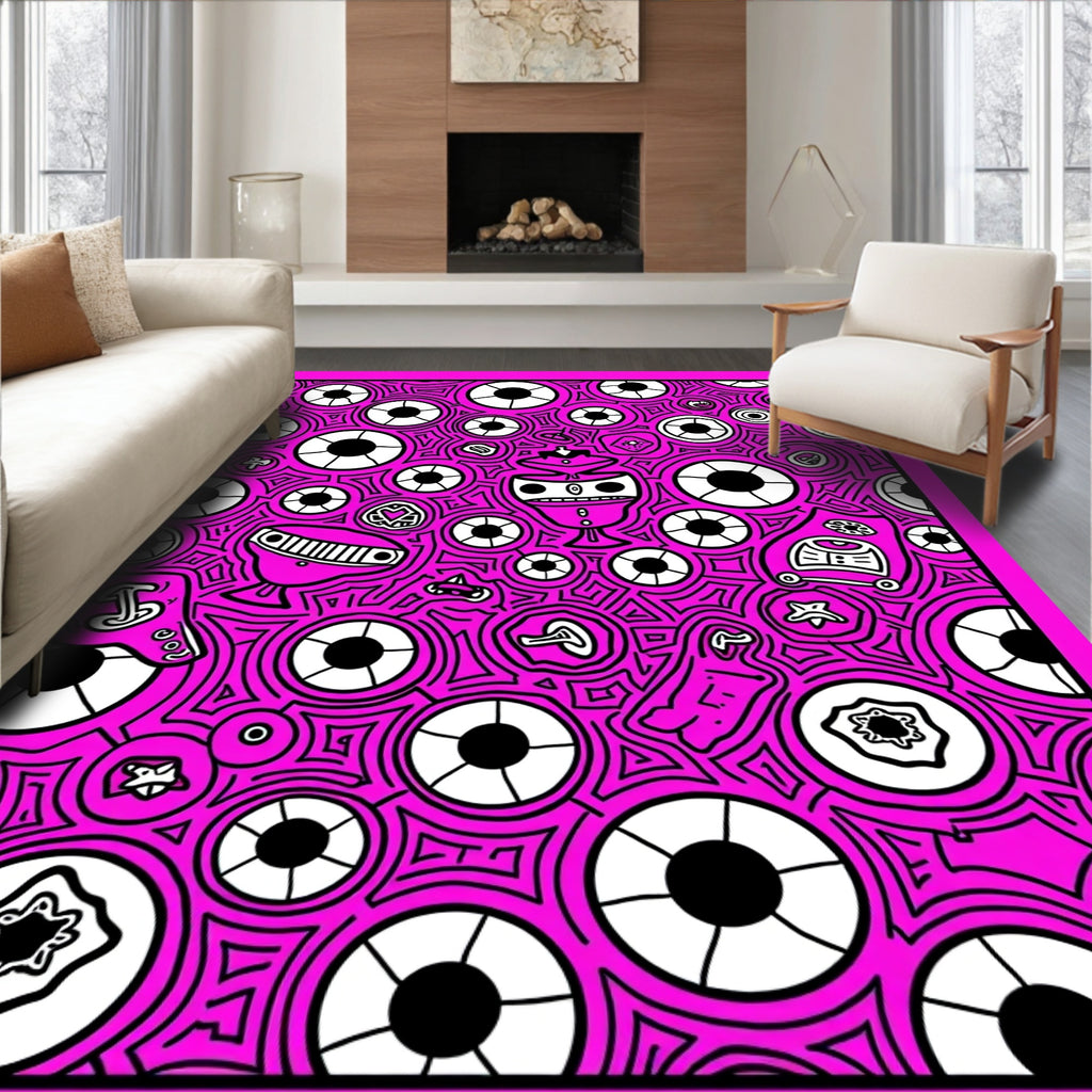 Vibrant Pink Surreal Creatures Abstract Rug